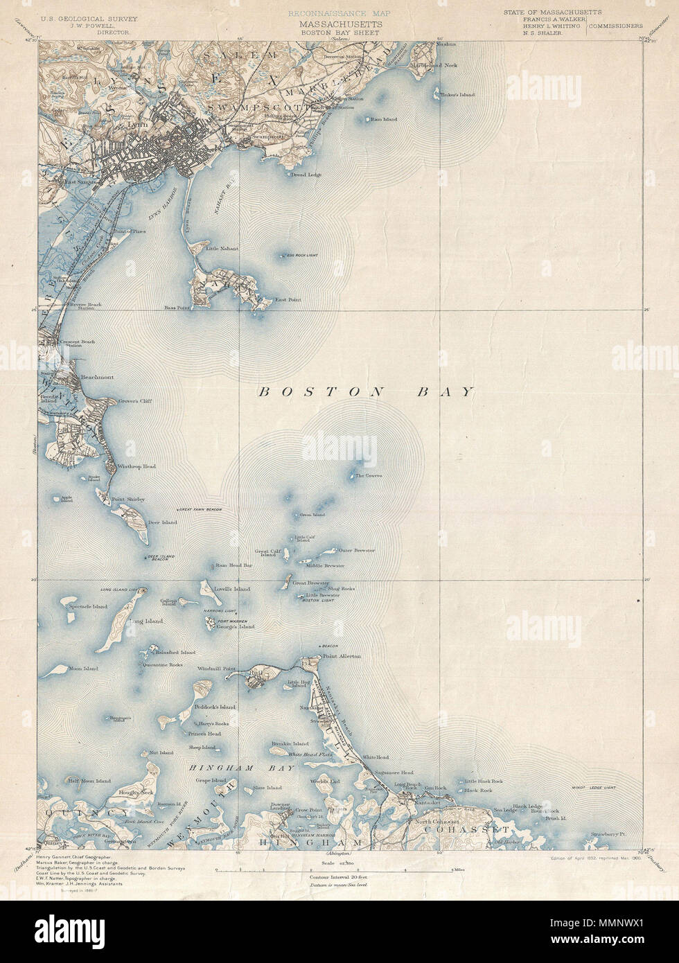 . Inglese: uno dei più ricercati dopo mappe topografiche prodotte da parte del governo degli STATI UNITI Geological Survey. L'edizione 1900 dell'U.S.G.S. Sondaggio Mappa di Boston Bay copre da Salem a Waymouth, Hingham e Cohasset. Offre dettagli straordinari a livello di strade e spesso singoli edifici. Include area di Boston europee di Marblehead, Lynn Swampscott, Lynn Salem, Revere, Winthrop, Quincy, Weymouth, Hingham, Hull e Cohasset. Identifica numerosi altri luoghi di interesse tra cui il punto di Mulino a vento, il faro si restringe il caro isola Beacon, la grande Fawn Beacon, la battuta di Minot paglierino Foto Stock