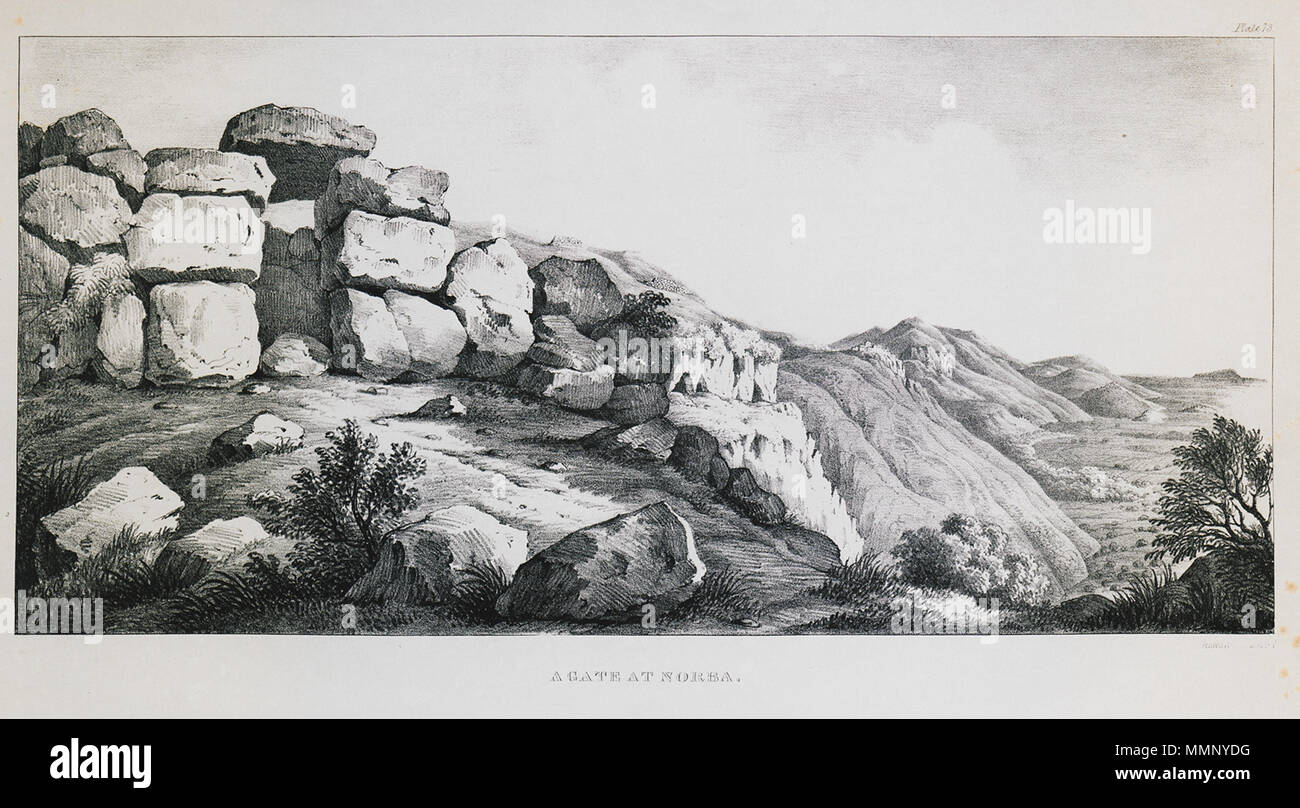 . Inglese: Edward Dodwell. Le visualizzazioni e le descrizioni di Cyclopian o, Pelasgic rimane, in Grecia e in Italia; con le costruzioni di un periodo successivo, Londra, Adolphus Richter, MDCCCXXXIV (1834) . 1834. Edward Dodwell (1767-1832) Descrizione pittore irlandese e scrittore Data di nascita e morte 30 novembre 1767 13 Maggio 1832 Luogo di nascita e morte Dublino Roma sede di lavoro Cambridge, Grecia, Napoli, Roma competente controllo : Q536003 VIAF:?ISNI 29669247:?0000 0000 775 5936 ULAN:?500046691 LCCN:?n84081579 GND:?118526170 WorldCat 20 un cancello a Norba - Edward Dodwell - 1834 Foto Stock