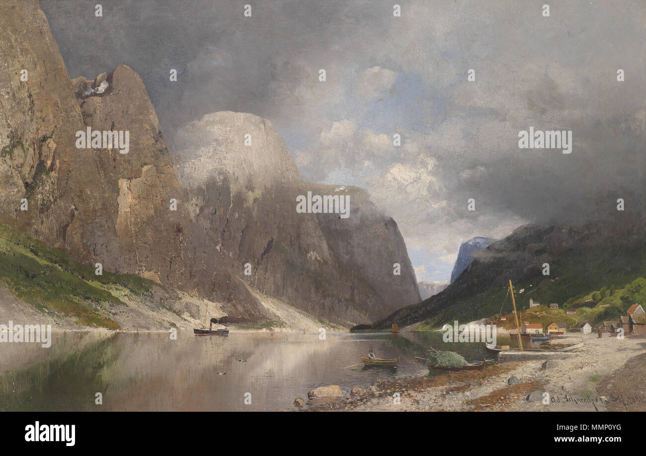 . Fjordlandschaft, signiert, datiert annuncio. Schweitzer Ddf. 1888, Öl auf Leinwand, 66 x 101 cm . 1888. 27 Adolf Gustav Schweitzer Fjordlandschaft 1888 Foto Stock