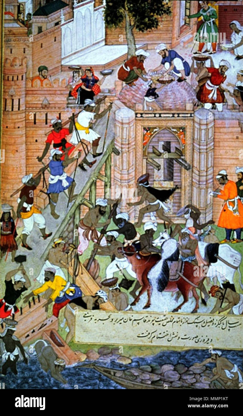 . Inglese: Akbar supervisiona la costruzione di Fort a Agra; una illustrazione da Akbar-nama Fonte: http://faculty-web.at.nwu.edu/art-history/fraser/b40/Mughal India.html scaricato (Maggio 2001) . Data sconosciuta. akbar corte pittori 31 Akbar supervisiona la costruzione di Fort a Agra Foto Stock