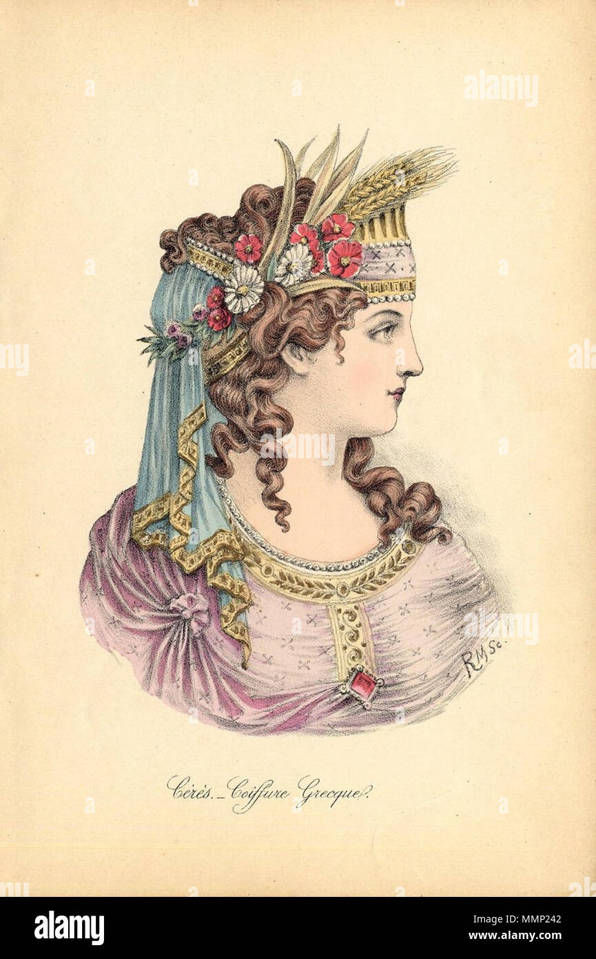 . Inglese: Cérès. Coiffure Grecque. Storico di acconciatura, dal periodo greco. Questa stampa viene offerto incluso il testo corrispondente foglio, che spiega come la pettinatura è stato fatto e cosa (eventuale) ornamento le donne usura. I modelli sono spesso donne importanti del periodo. . Nel 1890 circa. R. Maury-Nissy 33 Album de Coiffures Historques avec le descrizioni piastra 3 Foto Stock