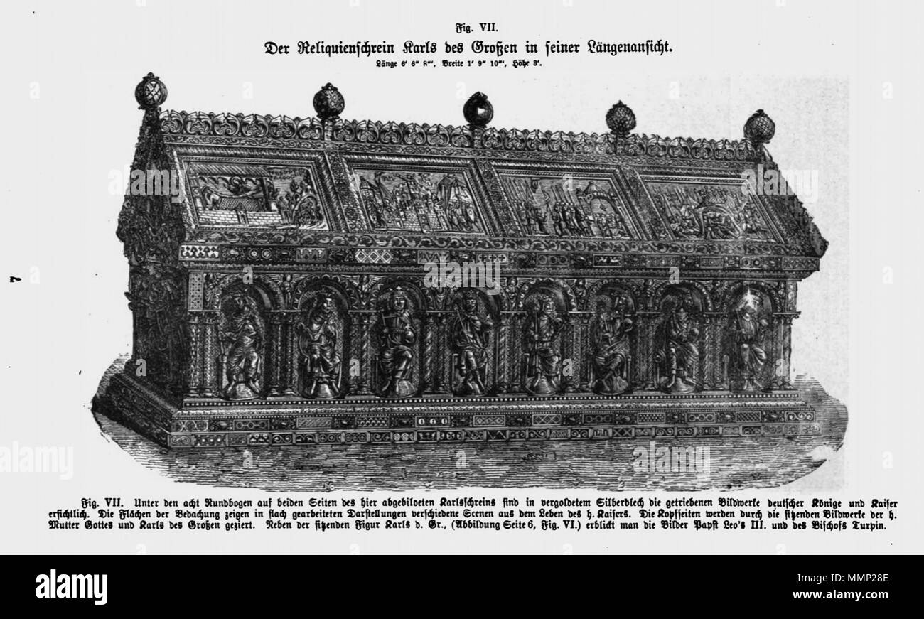 . Inglese: Pagina da Das Heiligtum zu Aachen con la xilografia illustrazione del Karlsschrein, il torace reliquiario di Carlo Magno nel duomo di Aachen, Germania. Uno dei 51 illustrazioni di Franz Bock del 1867 pubblicazione sul duomo di Aachen tesori. . 1867. incisore sconosciuto Franz Bock, Das Heiligtum zu Aachen, Seite 07 Foto Stock