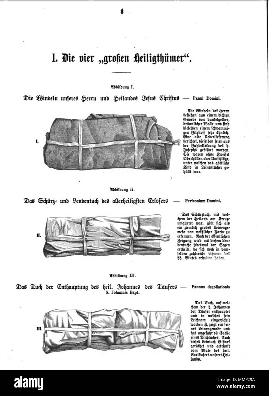 . Inglese: Pagina da Das Heiligtum zu Aachen con illustrazioni xilografiche di 3 dei 4 "Santissimo reliquie' nella Cattedrale di Aachen, Germania: Cristo fasce, Cristo il perizoma e di San Giovanni Battista decapitazione panno. Tre dei 51 illustrazioni di Franz Bock del 1867 pubblicazione sul duomo di Aachen tesori. . 1867. incisore sconosciuto Franz Bock, Das Heiligtum zu Aachen, Seite 03 Foto Stock