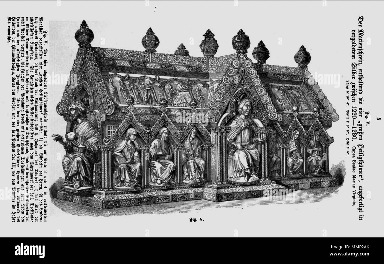. Inglese: Pagina da Das Heiligtum zu Aachen con la xilografia illustrazione del Marienschrein, il torace reliquiario di Santa Maria, contenente 4 "Santissimo reliquie' nella Cattedrale di Aachen, Germania: il mantello di San Maria Cristo di fasce e Cristo il perizoma e di San Giovanni Battista decapitazione panno. Uno dei 51 illustrazioni di Franz Bock del 1867 pubblicazione sul duomo di Aachen tesori. . 1867. incisore sconosciuto Franz Bock, Das Heiligtum zu Aachen, Seite 05 Foto Stock