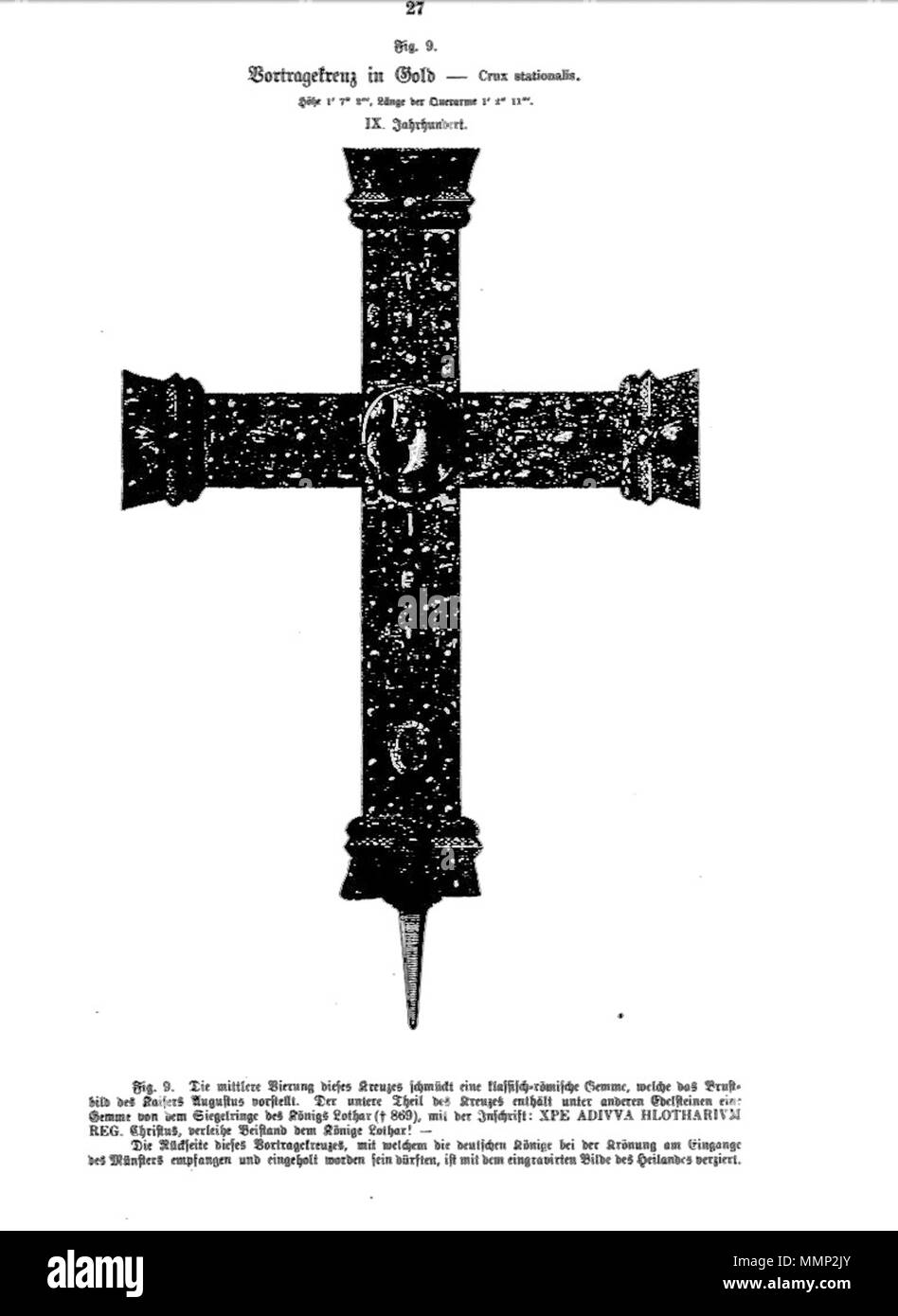 . Inglese: Pagina da Das Heiligtum zu Aachen con la xilografia illustrazione della croce di Lothar nel duomo di Aachen tesoro, Germania. Uno dei 51 illustrazioni di Franz Bock del 1867 pubblicazione sul duomo di Aachen tesori. . 1867. incisore sconosciuto Franz Bock, Das Heiligtum zu Aachen, Seite 27 Foto Stock