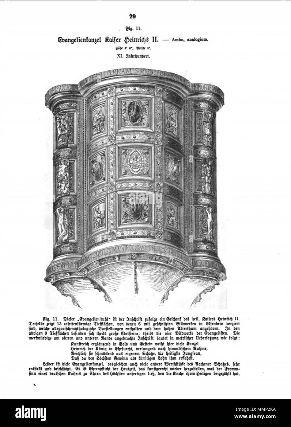 . Inglese: Pagina da Das Heiligtum zu Aachen con la xilografia illustrazione del pulpito dorato di Enrico II nella Cattedrale di Aachen, Germania. Uno dei 51 illustrazioni di Franz Bock del 1867 pubblicazione sul duomo di Aachen tesori. . 1867. incisore sconosciuto Franz Bock, Das Heiligtum zu Aachen, Seite 29 Foto Stock