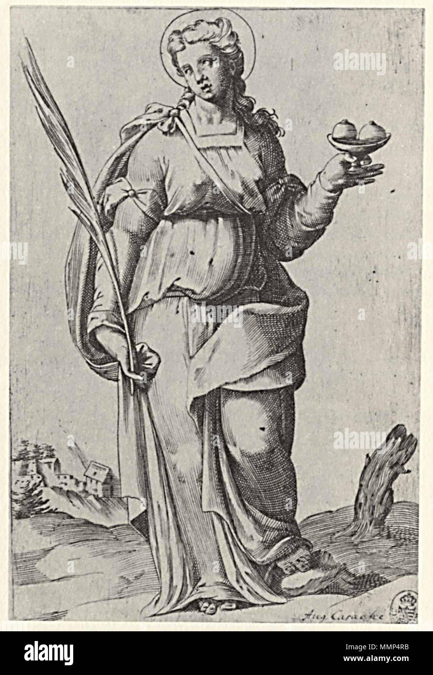 . Deutsch: Hl. Agata, aus der Folge "Heilige Frauen" Technik: Kupferstich, Maße: 20,4 × 13,5 cm, Sammlung: Staatliche Kunstsammlungen Dresden, Kupferstich-Kabinet Blatt 1 Blatt 2 Blatt 3 Blatt 4 der Folge . tra 1576 e 1578. Agostino Carracci (1557-1602) Descrizione pittore italiano, incisore e disegnatore Data di nascita e morte 16 Agosto 1557 22 marzo 1602 Luogo di nascita e morte Bologna Parma sede di lavoro Roma (1581); Venezia (1582); Milano (1583); Cremona (1585); Roma (1594); Bologna (1595); Parma (1597); Bologna (1600); Bologna (1583 - 1584); Parma (1586 - 1587); Venezia (1588 Foto Stock