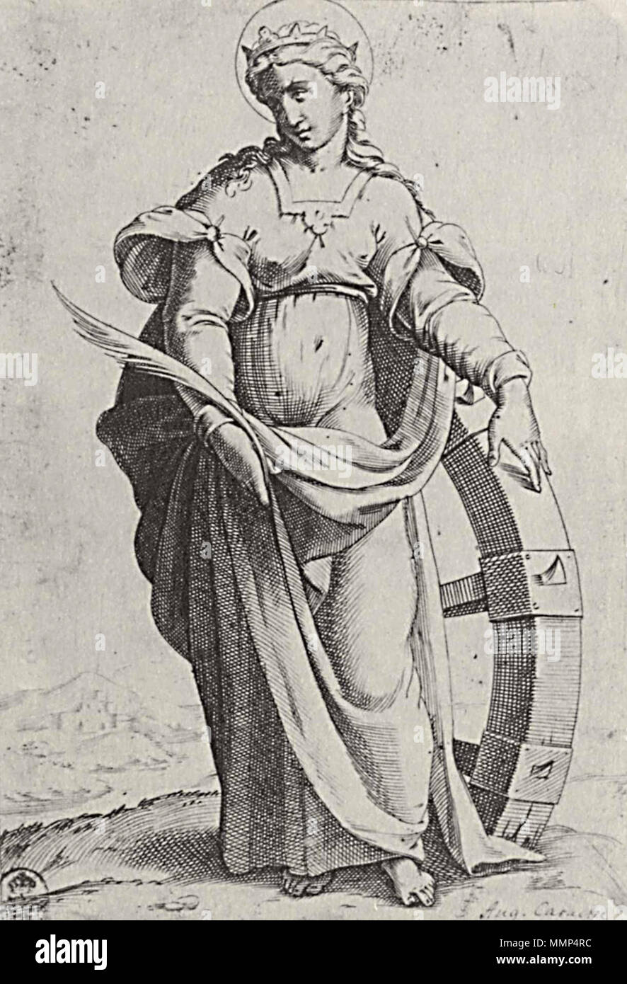 . Deutsch: Hl. Katharina, aus der Folge "Heilige Frauen" Technik: Kupferstich, Maße: 19,2 × 13,1 cm, Sammlung: Staatliche Kunstsammlungen Dresden, Kupferstich-Kabinet Blatt 1 Blatt 2 Blatt 3 Blatt 4 der Folge . tra 1576 e 1578. Agostino Carracci (1557-1602) Descrizione pittore italiano, incisore e disegnatore Data di nascita e morte 16 Agosto 1557 22 marzo 1602 Luogo di nascita e morte Bologna Parma sede di lavoro Roma (1581); Venezia (1582); Milano (1583); Cremona (1585); Roma (1594); Bologna (1595); Parma (1597); Bologna (1600); Bologna (1583 - 1584); Parma (1586 - 1587); Venezia (1 Foto Stock