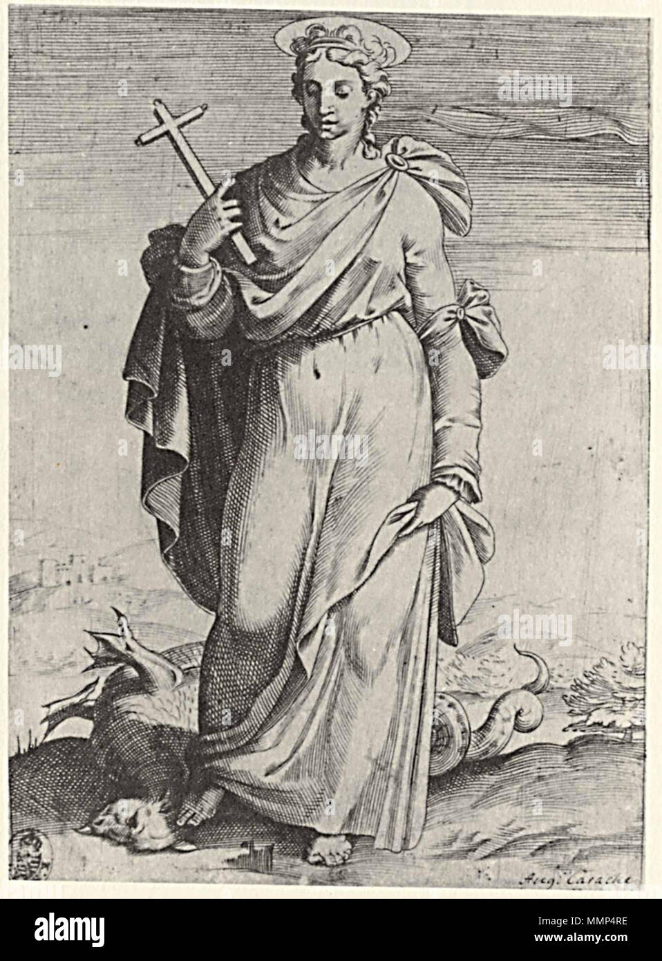 . Deutsch: Hl. Margaret, aus der Folge "Heilige Frauen" Technik: Kupferstich, Maße: 20,2 × 14,7 cm, Sammlung: Staatliche Kunstsammlungen Dresden, Kupferstich-Kabinet Blatt 1 Blatt 2 Blatt 3 Blatt 4 der Folge . tra 1576 e 1578. Agostino Carracci (1557-1602) Descrizione pittore italiano, incisore e disegnatore Data di nascita e morte 16 Agosto 1557 22 marzo 1602 Luogo di nascita e morte Bologna Parma sede di lavoro Roma (1581); Venezia (1582); Milano (1583); Cremona (1585); Roma (1594); Bologna (1595); Parma (1597); Bologna (1600); Bologna (1583 - 1584); Parma (1586 - 1587); Venezia (15 Foto Stock