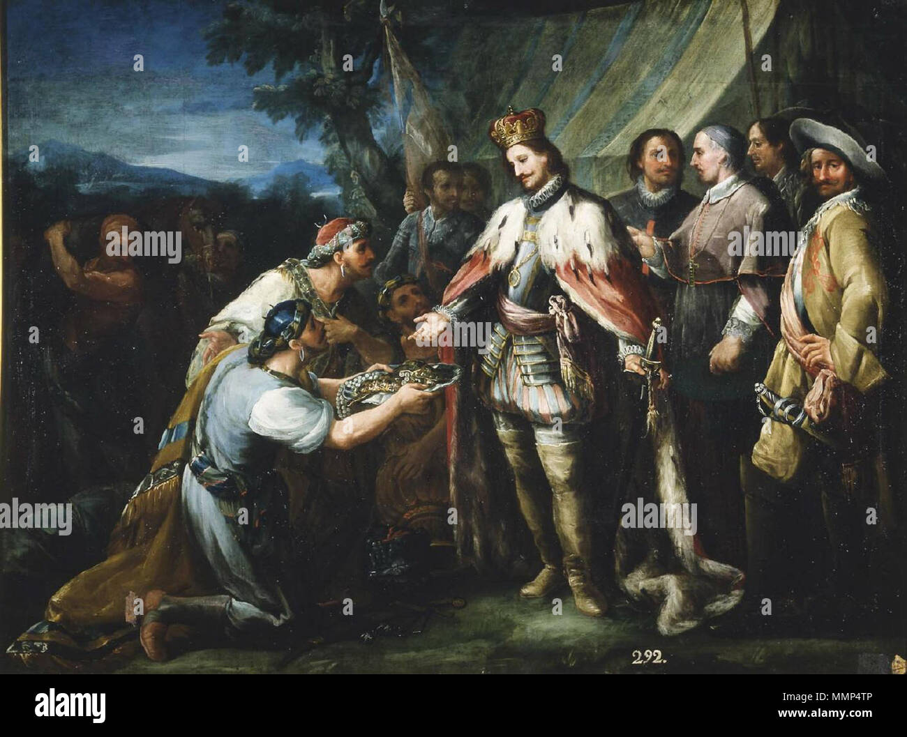 . Español: La obra rappresentanouna al Rey Fernando III de Castilla, que fue canonizado en 1671, recibiendo el tributo de Mahomad de Baeza. San Fernando recibe el tributo de Mahomad de Baeza. 1760. Aguirre-fernandoIII Foto Stock