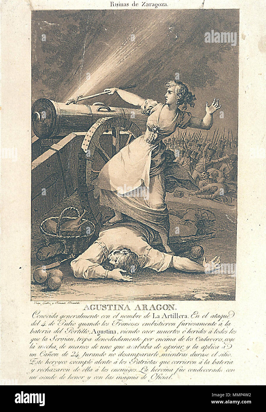 . Español: Agustina de Aragon, heroica defensora de Zaragoza duranti los Sitios, en la Guerra de la Independencia Española. . Pubblicato tra agosto 1812 e agosto 1813[1]. Juan Galbez o Gálvez (1773-1846), pintor de Cámara de Fernando VII y direttore generale de la Real Academia de San Fernando de Madrid, y Fernando Brambila o Brambilla (1763-1834)[2], pintor de Cámara de Carlos IV.[3] Agustina de Aragon Foto Stock
