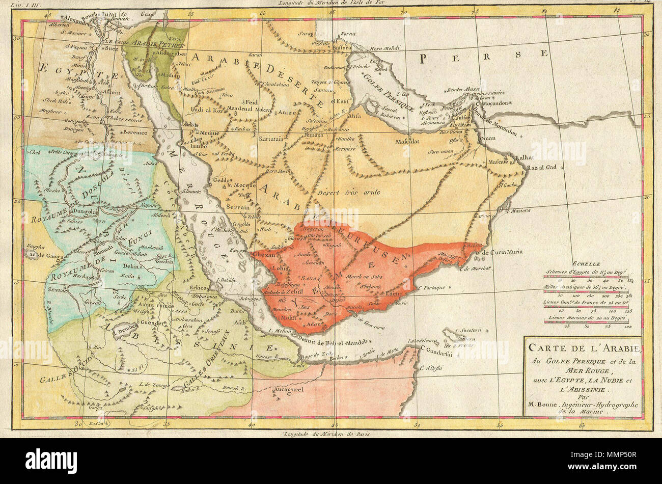 . Inglese: si tratta di un attraente mappa di Arabia, northwestern Africa, Etiopia (Absynnia) e il Mar Rosso dal cartografo Rigobert Bonne, c. 1780. Borghi e chiese, le città e le montagne sono raffigurati come rappresentazioni in miniatura di se stessi. Questa mappa è estremamente dettagliati e bellissimi. Carte de L'Arabie, du Golfe Persique et de lat Mer Rouge, avec l'Egypte, La Nubie et l'Abissinie.. 1780. 1780 Bonne Mappa di Arabia, l'Egitto ^ Etiopia - Geographicus - Arabia-bonne-1780 Foto Stock