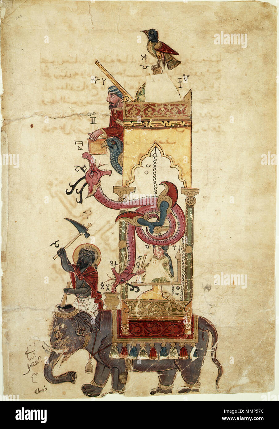 L'elefante Clock (orologio meccanico, che passa ogni mezz'ora). Da Kitab fi ma'rifat al-hiyal al-handasiyya (Il Libro della Conoscenza ingegnoso di dispositivi meccanici, a.k.a. Automata), scritto nel 1206 CE. 1315, probabilmente la Siria. Automi Al-Jazari Elephant-Clock 1315 Foto Stock