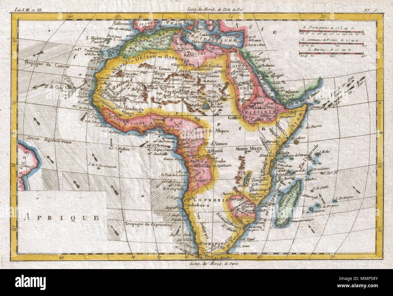 . Inglese: un raffinato esempio di Rigobert Bonne e G. Raynal's 1780 Mappa di Africa. Altamente dettagliato che mostra città, fiumi, alcuni elementi topografici, correnti oceaniche, le porte e i confini politici. Disegnata da R. Bonne per G. Raynal del Atlante de Toutes les parti Connues du Globe Terrestre, Dressé pour l'Histoire Philosophique et politique des Établissemens et du Commerce des Européens dans les deux Indes . Afrique. 1780 (non datato). 1780 Raynal e Bonne Mappa di Africa - Geographicus - Afrique-bonne-1780 Foto Stock