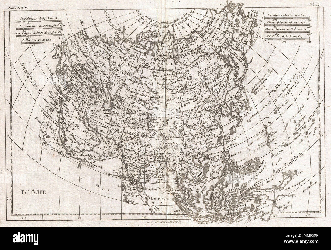 . Inglese: un raffinato esempio di Rigobert Bonne e Guillaume Raynal's 1780 Mappa di Asia. Offre notevole dettaglio considerando le dimensioni, mostrando il tradewinds nell'Oceano Pacifico e Indiano nonché numerose Via della Seta destinazioni in Asia centrale. Altamente dettagliato che mostra città, fiumi, alcuni elementi topografici e i confini politici. Disegnata da R. Bonne per G. Raynal del Atlante de Toutes les parti Connues du Globe Terrestre, Dressé pour l'Histoire Philosophique et politique des Établissemens et du Commerce des Européens dans les deux Indes . L'Asie.. 1780 (non datato). 1780 Raynal e Bonne mappa Foto Stock