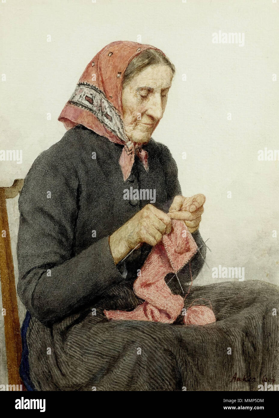 Albert Anker Sitzende Bäuerin beim colpite 1904 Foto Stock