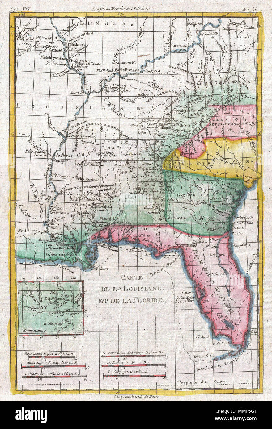 . Inglese: un raffinato esempio di Rigobert Bonne e G. Raynal's 1780 mappa della Louisiana e Florida. Mappa corrisponde al giorno moderno Florida, Georgia, Alabama, Arkansas, Kentucky, Tennessee, North Carolina, South Carolina, Virginia e della Louisiana. Offre notevole dettaglio del solo esplorato tenuously interno, denominazione americana numerose tribù indiane e villaggi compresi Apalachiola, Echicachae, Chaccoumas, Acansas, e molti altri. Delle colonie, solo in Florida, Georgia, Carolina del Nord e Carolina del Sud sono evidenti. Un riquadro in basso a sinistra del quadrante si concentra sulla parte superiore del Fiume Missouri, che w Foto Stock