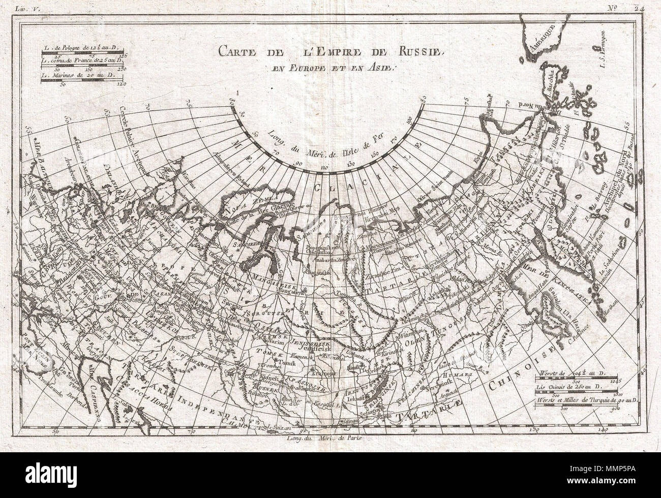 . Inglese: un raffinato esempio di Rigobert Bonne e Guillaume Raynal's 1780 mappa dell'impero russo. Mostra intero impero russo stretching dall'Europa in stretto di Behring, nonché parti dell Europa orientale e Tartary. Cartographically della costa nord-orientale della Russia è abbastanza preciso ma terre adiacenti nelle Americhe sono speculativi una migliore. Un certo numero di isole misteriose sono denominati, è probabile che un molto presto la prospettiva sulle Isole Aleutine arcipelago. Altamente dettagliato che mostra città, fiumi, alcuni elementi topografici, importanti strade e i confini politici. Disegnata da R. Bonne per G. Raynal's Foto Stock