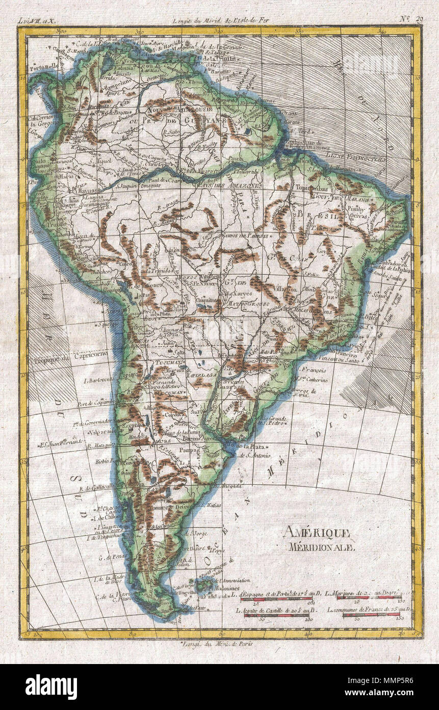 . Inglese: un raffinato esempio di Rigobert Bonne e Guillaume Raynal's 1780 Mappa di Sud America. Altamente dettagliato che mostra città, fiumi, alcuni elementi topografici e i confini politici. I nomi di un certo numero di speculativo di navigazione funzioni compresa la Laguna de Xarayes (quasi il punto morto), gateway presunta in paradiso, e il Lago di Parima (vicino la Guiana), suppone suite di Manoa o El Dorado. Correnti e Tradewinds sono identificati e le gamme della montagna, molti dei quali sono speculativi, sono disegnati nel profilo. Disegnata da R. Bonne per G. Raynal del Atlante de Toutes les parti Connues du Globe Terrestre, Dressé p Foto Stock
