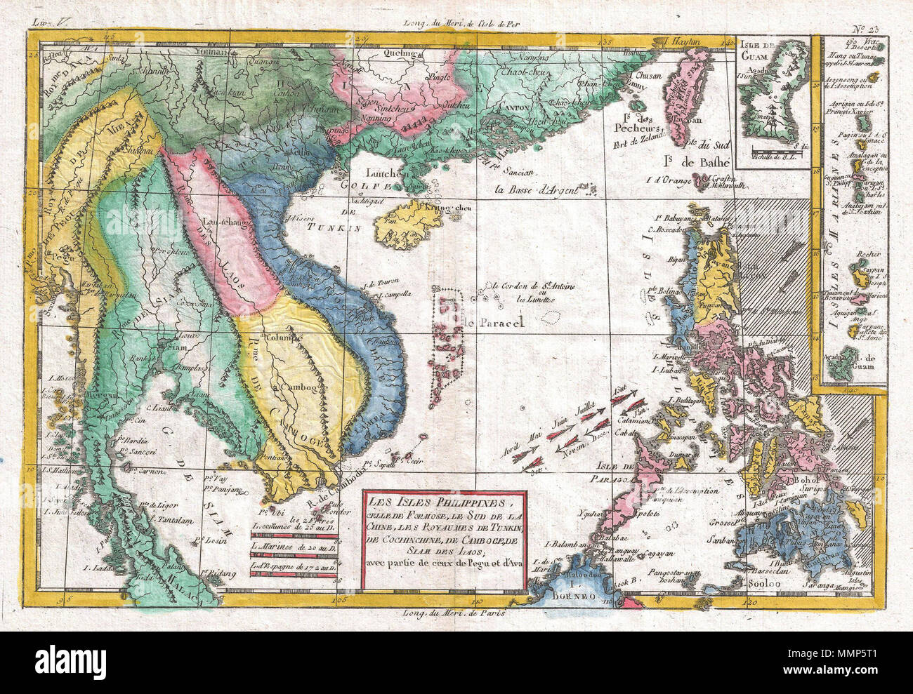 . Inglese: un raffinato esempio di Rigobert Bonne e G. Raynal's 1780 Mappa del sud-est asiatico e nelle Filippine. Mappa corrisponde al giorno moderno paesi delle Filippine, Vietnam (Tonquin e Chochin), Cambogia (Camboge), Tailandia (SIAM), Malaysia (Malaca), Taiwan (Formosa) e il Laos. Identifica le città di Tayoun (Taiwan), Manila, Macao, Siam e Bangkok. Le correnti di vento e alcuni pericoli sottomarino nel Mare della Cina del Sud. Disegnata da R. Bonne per G. Raynal del Atlante de Toutes les parti Connues du Globe Terrestre, Dressé pour l'Histoire Philosophique et politique des Établissemens et du Commerce d Foto Stock