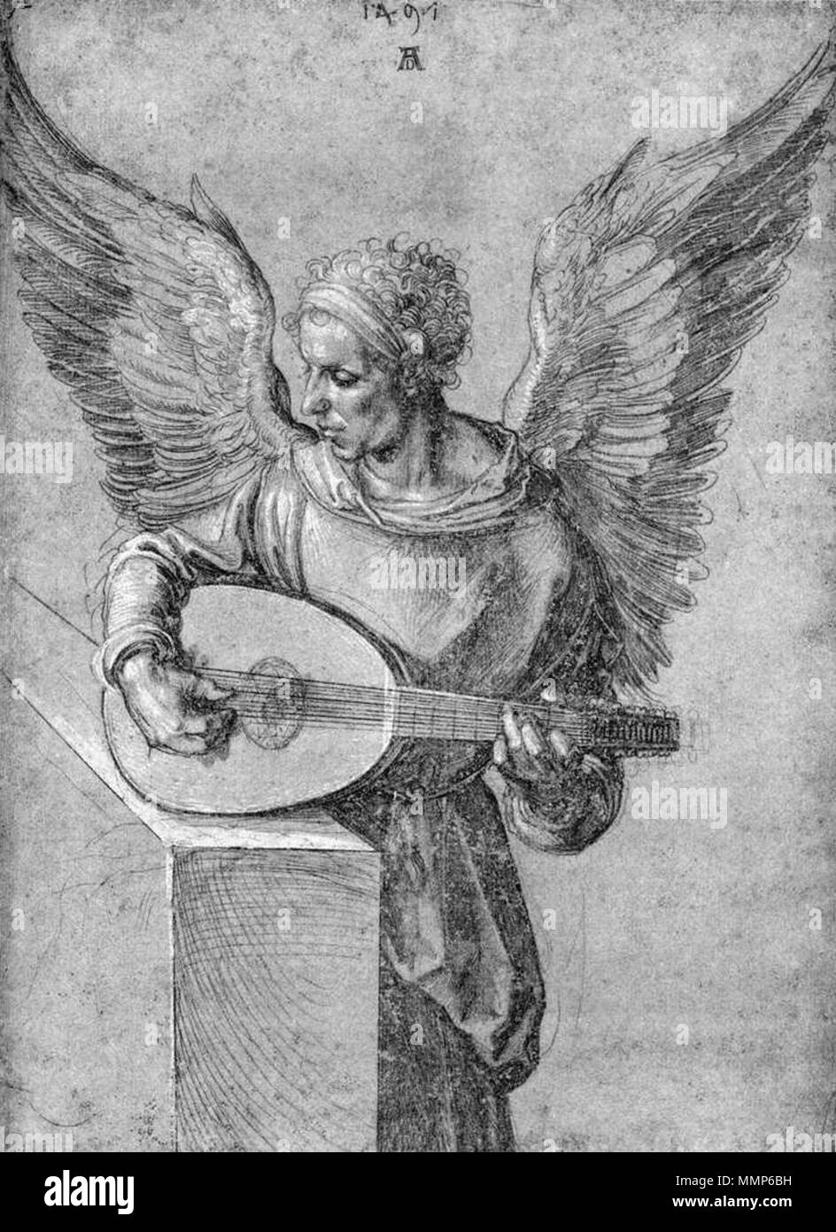 Albrecht Dürer - uomo alato, in idealista abbigliamento, riproduzione di un liuto - WGA07044 Foto Stock