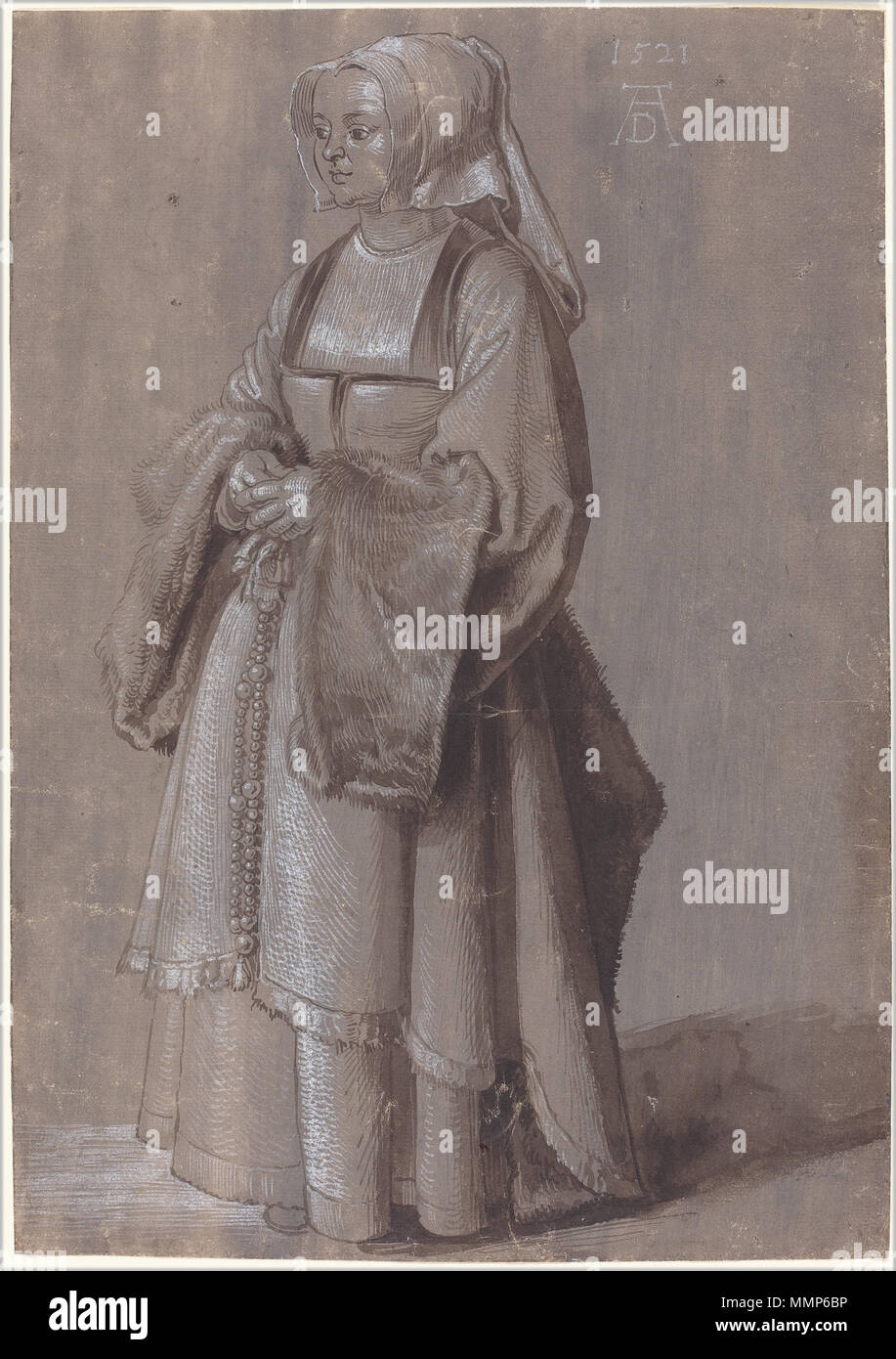 Giovane donna in abito Netherlandish disegno; pennello e marrone e inchiostro bianco su grigio-viola la carta preparata; complessivo: 28,3 x 19,8 cm (11 1/8 x 7 13/16 in.); Albrecht Dürer - Giovane donna in abito Netherlandish Foto Stock