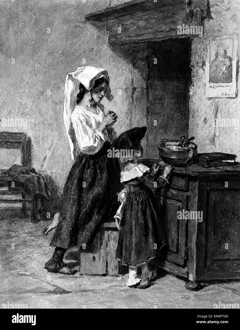 37.1292 Alexandre Marie Guillemin (Francese, 1817-1880). 'Italiano contadine in preghiera," 1864. acquerello con grafite underdrawing, bianco rafforzando e gomma di innalzamento su moderatamente denso, a trama fitta carta intessuta. Walters Art Museum (37.1292): acquisita da William T. Walters, 1870 (?). Alexandre-Marie Guillemin - Italiano contadine in preghiera - Walters 371292 Foto Stock