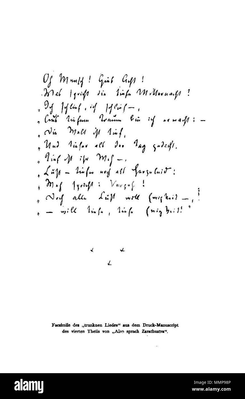 . Deutsch: Das Lied des Trunkenen . 1895. Friedrich Nietzsche (1844-1900) nomi alternativi Friedrich Wilhelm Nietzsche Descrizione filologo tedesco, Filosofo e poeta Data di nascita e morte 15 Ottobre 1844 25 agosto 1900 Luogo di nascita e morte Röcken Weimar periodo di lavoro del XIX secolo sede di lavoro Bonn; Lipsia; Basilea; Autorità di Weimar controllo : Q9358 VIAF:?ISNI 89798474:?0000 0001 2282 8181 ULAN:?500222156 LCCN:?n79021132 NLA:?35471497 WorldCat Alsosprachzarat00nietgoog 0016 Foto Stock . Deutsch: Das Lied des Trunkenen . 1895. Friedrich Nietzsche (1844-1900) nomi alternativi Friedrich Wilhelm Nietzsche Descrizione filologo tedesco, Filosofo e poeta Data di nascita e morte 15 Ottobre 1844 25 agosto 1900 Luogo di nascita e morte Röcken Weimar periodo di lavoro del XIX secolo sede di lavoro Bonn; Lipsia; Basilea; Autorità di Weimar controllo : Q9358 VIAF:?ISNI 89798474:?0000 0001 2282 8181 ULAN:?500222156 LCCN:?n79021132 NLA:?35471497 WorldCat Alsosprachzarat00nietgoog 0016 Foto Stock
