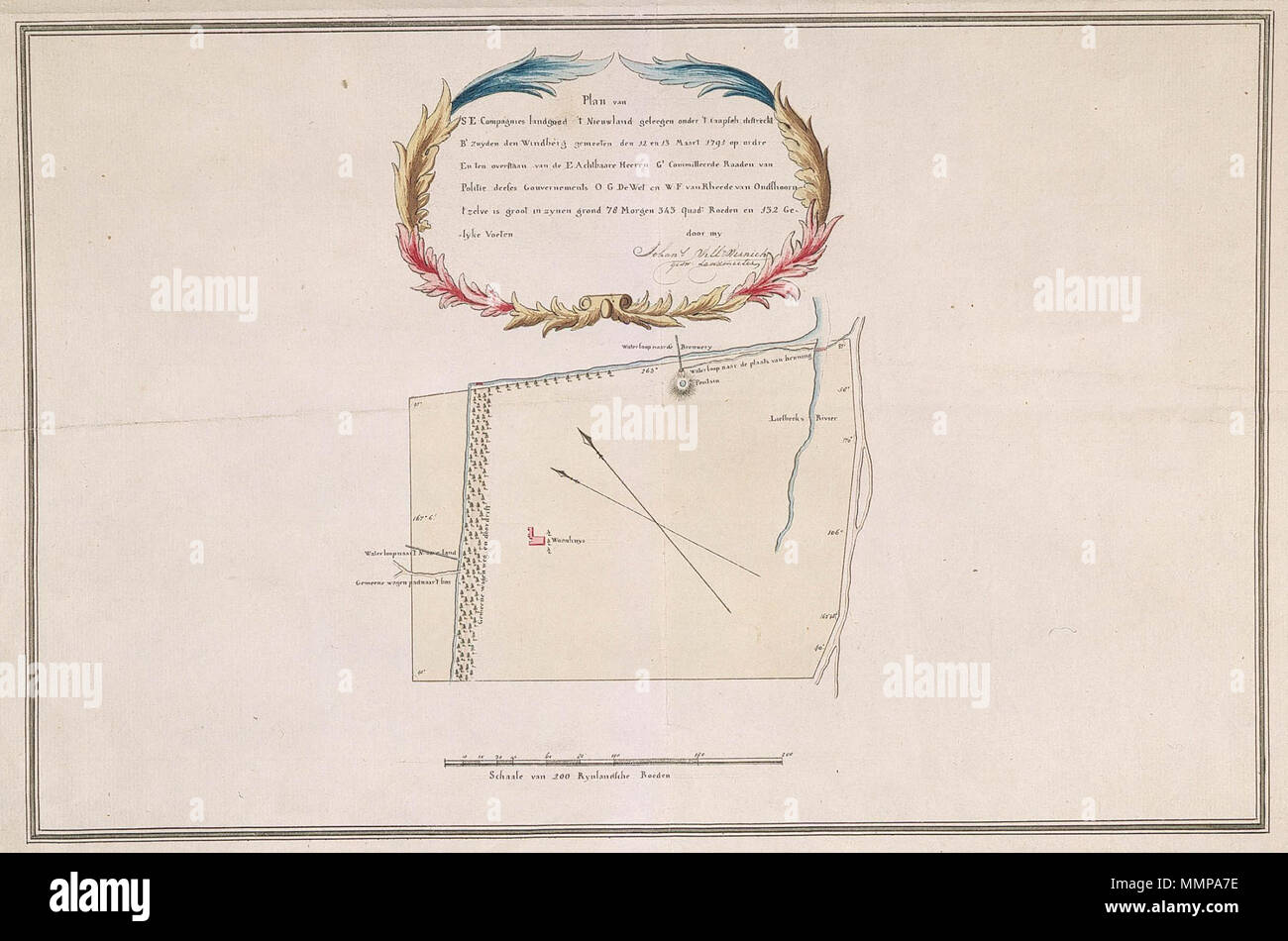 . Nederlands: Titel catalogus Leupe (NA): Piano van S. De Comps. Landgoed 't Nieuwland, geleegen onder 't distretto Caapsch Bezuyden den Windberg enz.. Notities tergo: gehoort tot bijlage nr. 27 La. B. Blauw etiket nr. 6; Het Nieuwland registro 9, deel 1, folio 38. Plattegrond van de opmeting van Compagnies Landgoed 't Nieuwland. Op ultimo van de Gecommitteerde Raaden van Politie Olimpiadi de Wet en W.F. van Rheede van Oudshoorn. Topografische namen op deze kaart: Windberg, Landgoed Nieuwland. Inglese: Secondo il catalogo Leupe (NA), il titolo originale recita: Piano van S. De Comps. Landgoed 't N Foto Stock