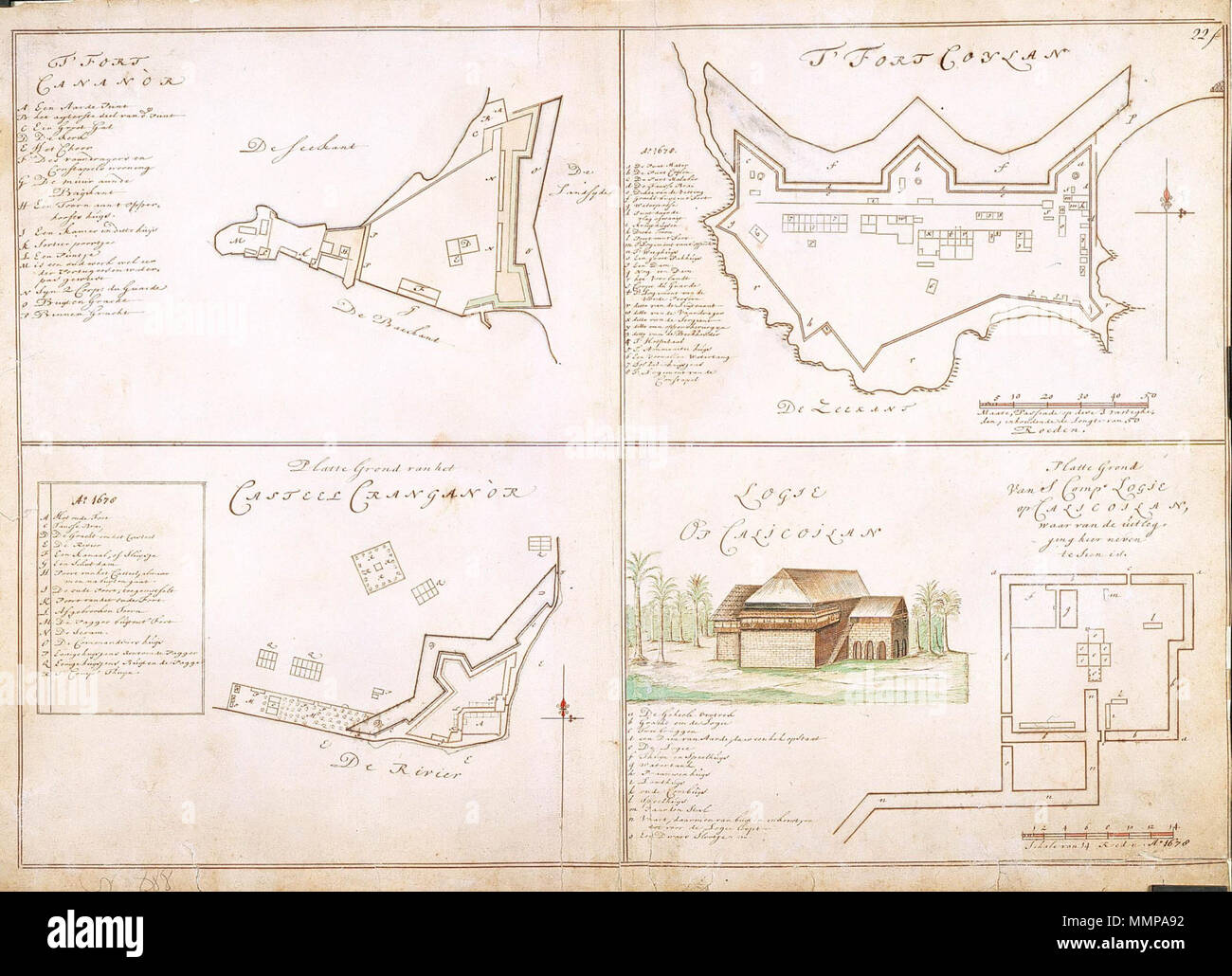 . Nederlands: Titel catalogus Leupe (NA): Platte grond van het Ford Cananor te. Deze kaart betreft een weergave van de situatie in 1678 en è porta getekend Isaac de Graaf na 1690, voor de Atlas Amsterdam. Linksboven: T Fort Cananor; Legenda: A-P Inzetkaarten 888 a, b, c en d: Links onder: 888a Platte Grond van het Casteel Cranganor; (24 x 35 cm); Legenda: A-T Rechts boven: 888b T' Fort Coylan; Schaal van 50 Roeden = 96 strepen [ca. 1:1964]; Legenda: a-y; 3-8; Rechts onder: 888c Logie op Calicoilan; Legenda: a-o; en 888d Platte Grond van 's Comps. Logie op Calicoilan, [...]; Schaal van 14 Roed Foto Stock