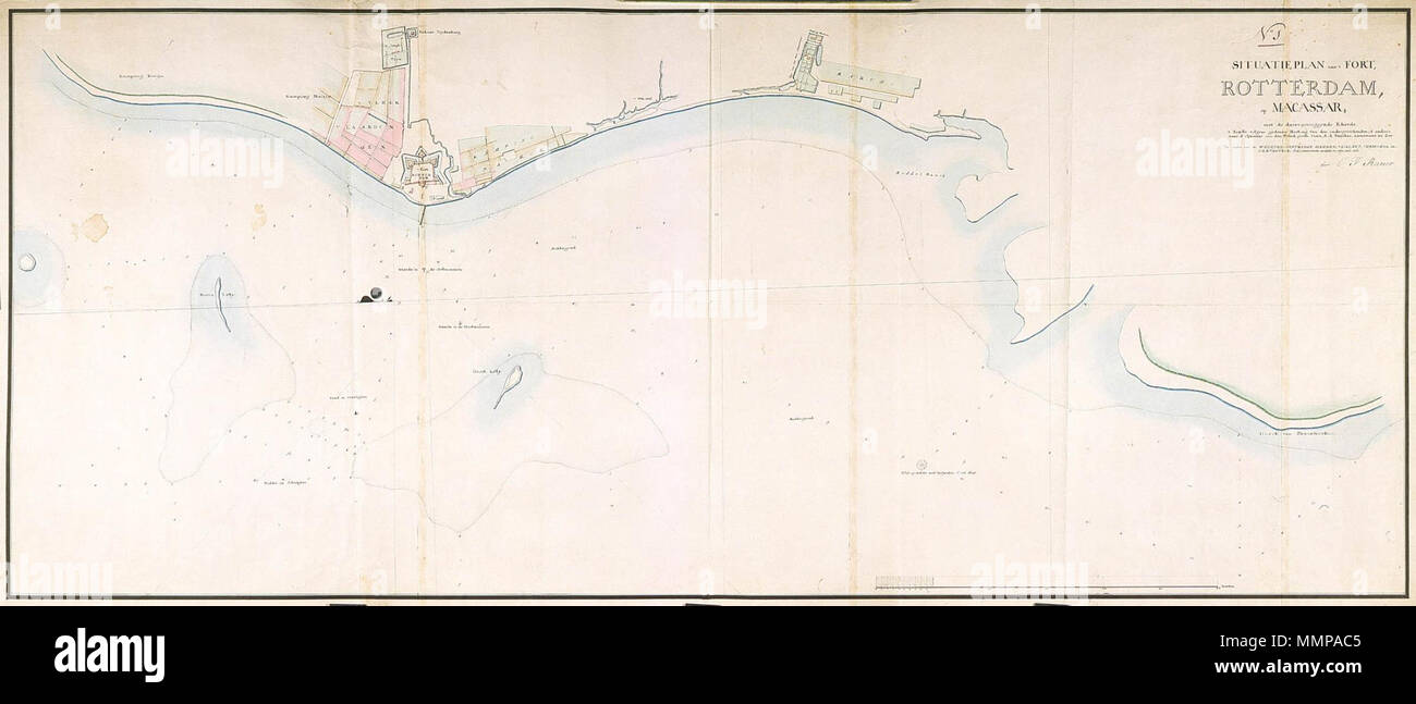 . Nederlands: Titel nel catalogus Leupe (NA): Situatie-piano van het Fort Rotterdam op Macassar, met de daarvoor leggende Rheede enz.. Datering a.d.h.v. datering 1790 NA VEL240. Kaart van de rede van Makassar tussen de Hoek van Pannehoekan en kamp Boegis, met het Fort Rotterdam en de omliggende vleck Vlaardingen, kampong Baroe en compagnies tuinen. Notities tergo: nr. 1 inkt.. Topografische namen vermeld op deze kaart: Kampong Baroe, Vleck Vlaardingen, Kampong Malayo, Kampong Boegis, Pannehoekan, Maruso, Benteng Madura [bij Maruso, daar ook tuyn van den Heer Gouverneur], redoute Vrydenburg. Eng Foto Stock
