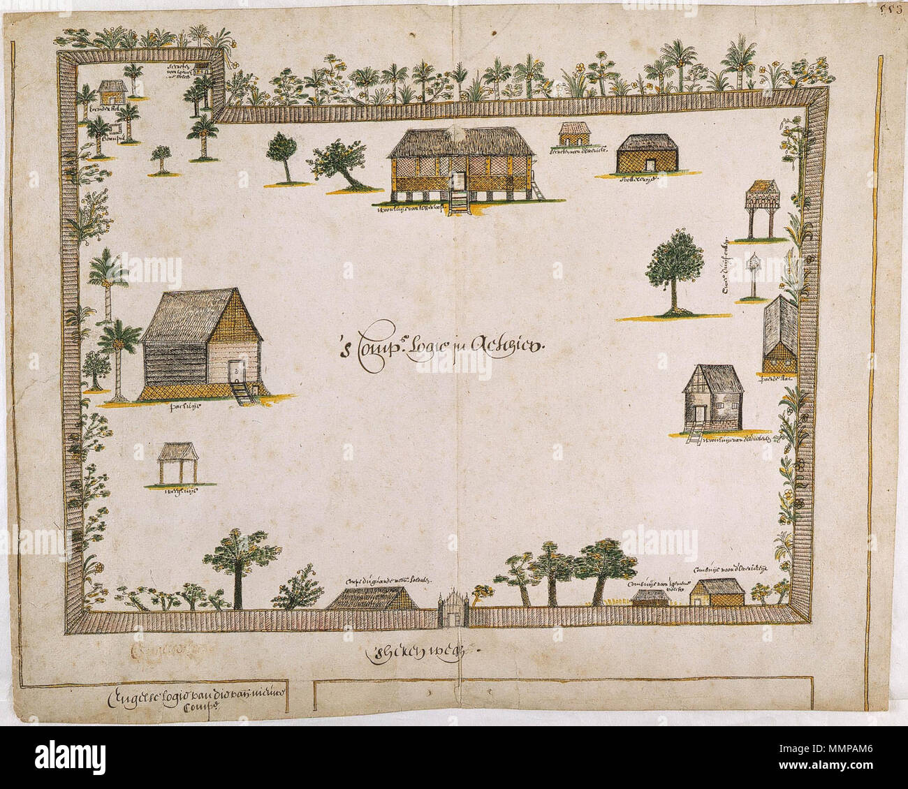 . Nederlands: Titel catalogus Leupe (NA): Afteekening van 's Comps Logie in Atchien. Randen rondom beplakt met stroken rijstpapier. Rechts boven genummerd: 553 [kan het folionummer uit de oorspronkelijke band zijn]. Notities tergo: Behoort da het porta Relaes Arnold de Vlamingh van Outshoorn oltre Atsjeh d. dato 1e dec. 1644 in portefeuille 1644 n. II / 599 k. Inglese: Secondo il catalogo Leupe (NA), il titolo originale recita: Afteekening van 's Comps Logie in Atchien. Strisce di carta di riso sono state incollate lungo i bordi. Numerate in alto a destra: 553 [potrebbe fare riferimento al numero di folio in o Foto Stock