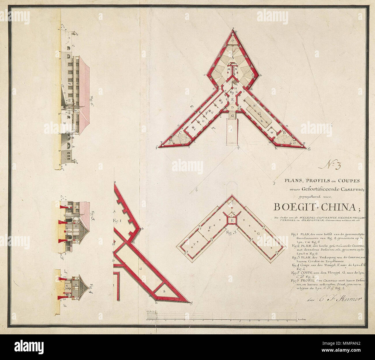 . Nederlands: Titel catalogus Leupe (NA): piani, Profils en Coupes eener gefortificeerde casarme, geprojecteerd voor Boegit Cina (Boekit Tjina) enz.. Genummerd: No. 3. Aan de bovenrand zijn twee stroken rijstpapier geplakt; Ongeveer 1/3 van de kaart è losgesneden geweest en weer vastgeplakt. Notities tergo: No. 3 / 598 [met vette cijfers gestempeld op een etiketje]. Inglese: Secondo il catalogo Leupe (NA), il titolo originale recita: Piani, Profils en Coupes eener gefortificeerde casarme, geprojecteerd voor Boegit Cina (Boekit Tjina) enz.. Numerati: No. 3. Due strisce di carta di riso hav Foto Stock