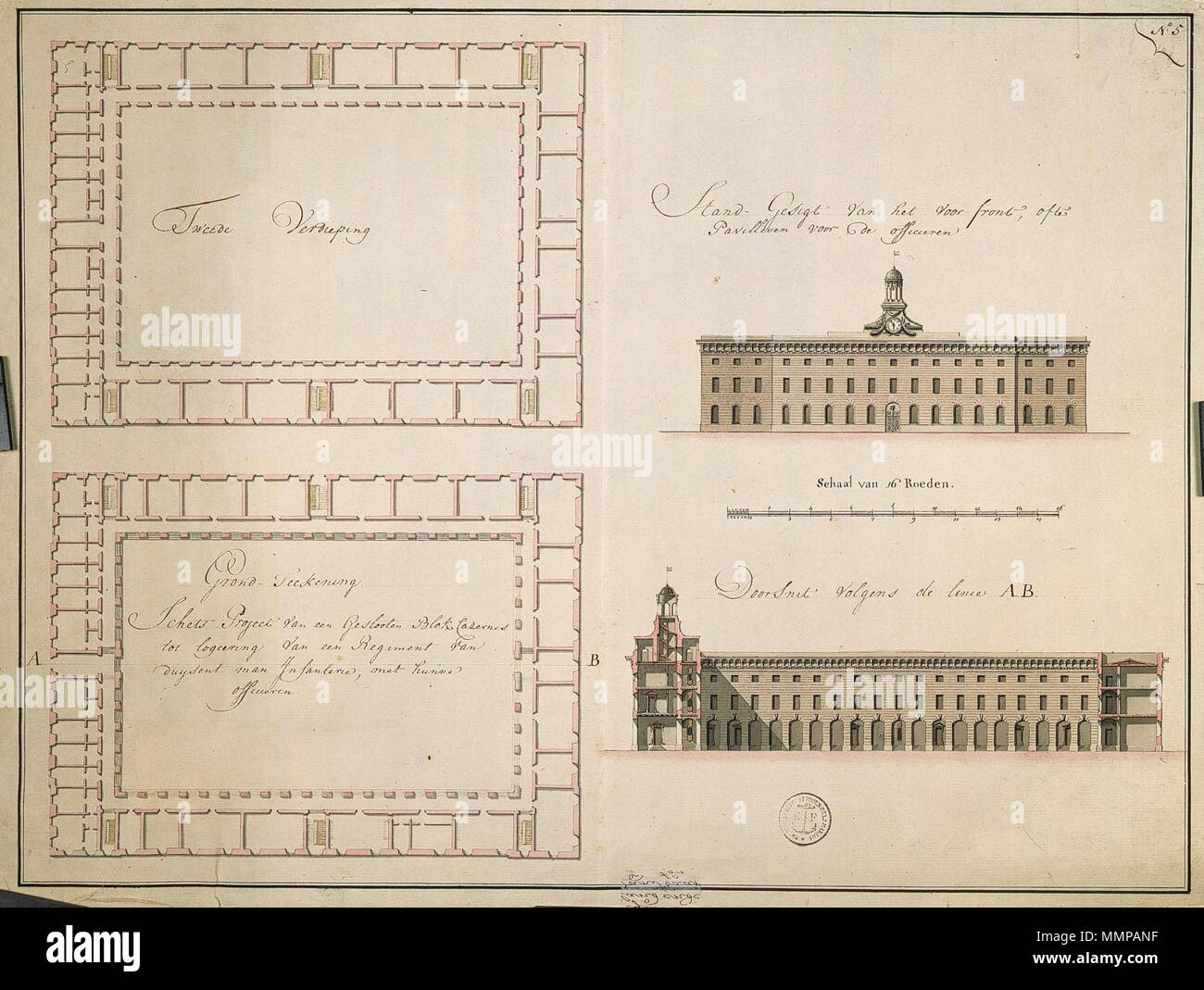 . Nederlands: Titel catalogus Leupe (NA): Schets-progetto van een gesloten blok casernes, tot logeering van een regement van duysent uomo Infanterie, incontrato hunne officieren. VEL1228a: Standgezicht van het voorfront ofte Paviljoen voor de officieren. Vel1228b: Doorsnit volgens de lyn A-B. Stempeltje: Depot des carrello. Pl. et Journ. de la Marine. Notities tergo: No. 3 Casernes registro 3 deel 1 Folio 9 Portefeul [geschreven op een blauw etiket] / n. 13 [in potlood, ook op het blauwe etiket] / 857 b [in potlood]. Inglese: Secondo il catalogo Leupe (NA), il titolo originale recita: Schets-progetto Foto Stock