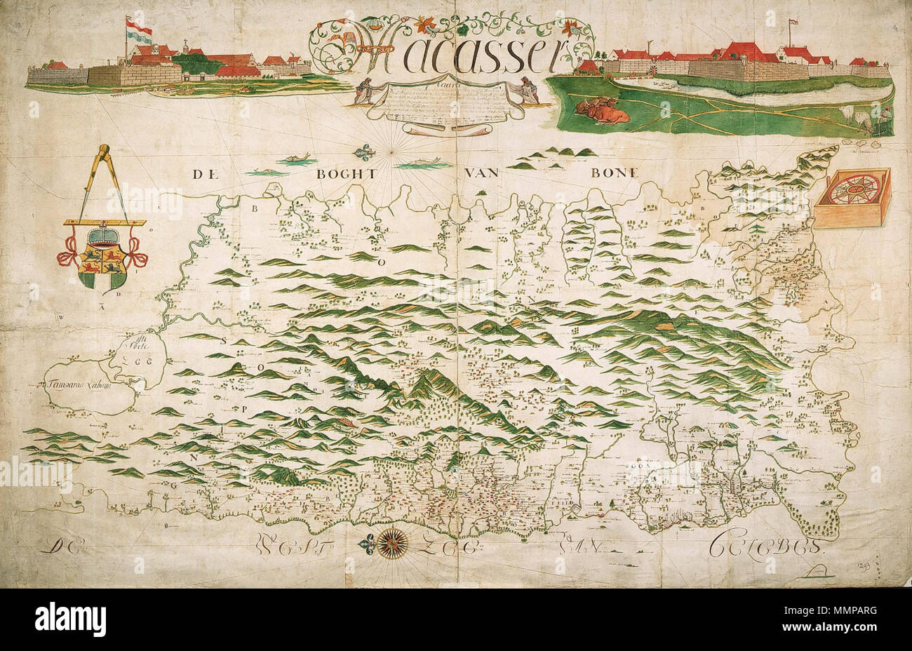 . Nederlands: Titel catalogus Leupe (NA): Caarte ende teykeninge van Macassar, in den jare 1693 porta il mio ondergesz. bereyst, opgesteld ende verdeeld enz., nemende iniziare haar van de Hoek van Tanakeke ofte Ponagoe genaemt, ende koers nemende tot Padangkeke, insgelyks aan de Oostsyde van de Hoek van Lassoy ofte Tengielles tot de Groote rivier van Tsindrana osso strekkende enz.. Links en rechts van het midden è il Kasteel Rotterdam afgebeeld. De achterkant ter versteviging helemaal beplakt. Notities tergo: 650 [met vette cijfers gestempeld op een etiketje] [met moeite te lezen door de versteviging h Foto Stock
