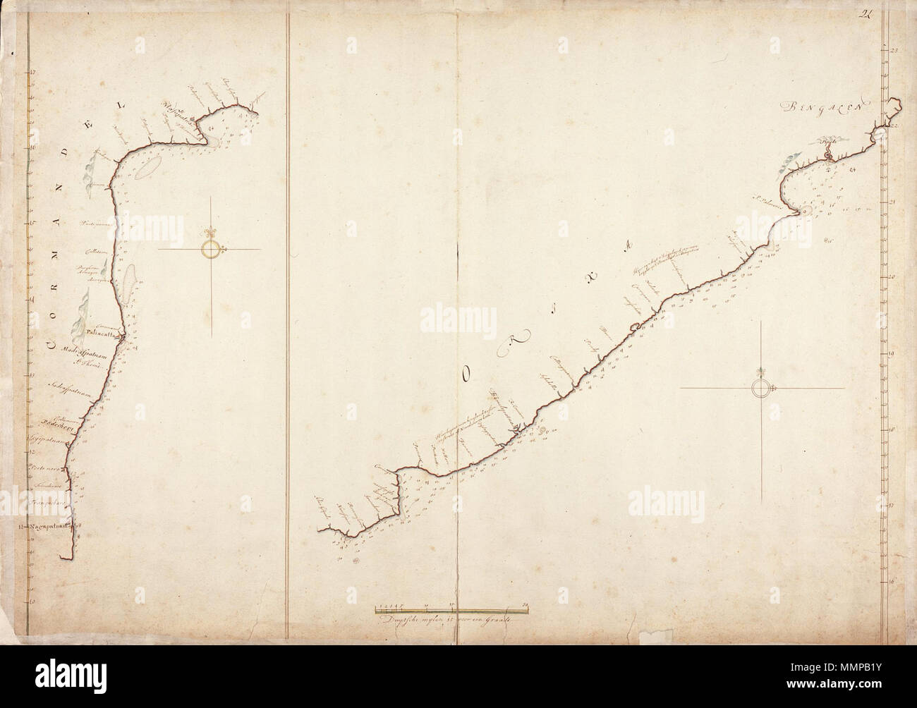 . Nederlands: Titel nel catalogus Leupe (Nationaal Archief): Kaart van de Kust van Coromandel, van Nagapatnam Naersipoer tot. Rechtsboven genummerd: 24 Randen geplakt. Notities tergo: 48 [met potlood in rechterbovenhoek] / 255 [in rood potlood]. Inglese: titolo nel catalogo Leupe (Archivi nazionali): Kaart van de Kust van Coromandel, van Nagapatnam Naersipoer tot. Numerate in alto a destra: 24 bordi incollati. Note su retromarcia: 48 [redatti a matita in alto a destra] / 255 [in matita rossa]. Nederlands: Kaart van de oostkust van India inglese: Mappa della costa est dell India . tra il 1690 e il 1743. Isaak Foto Stock