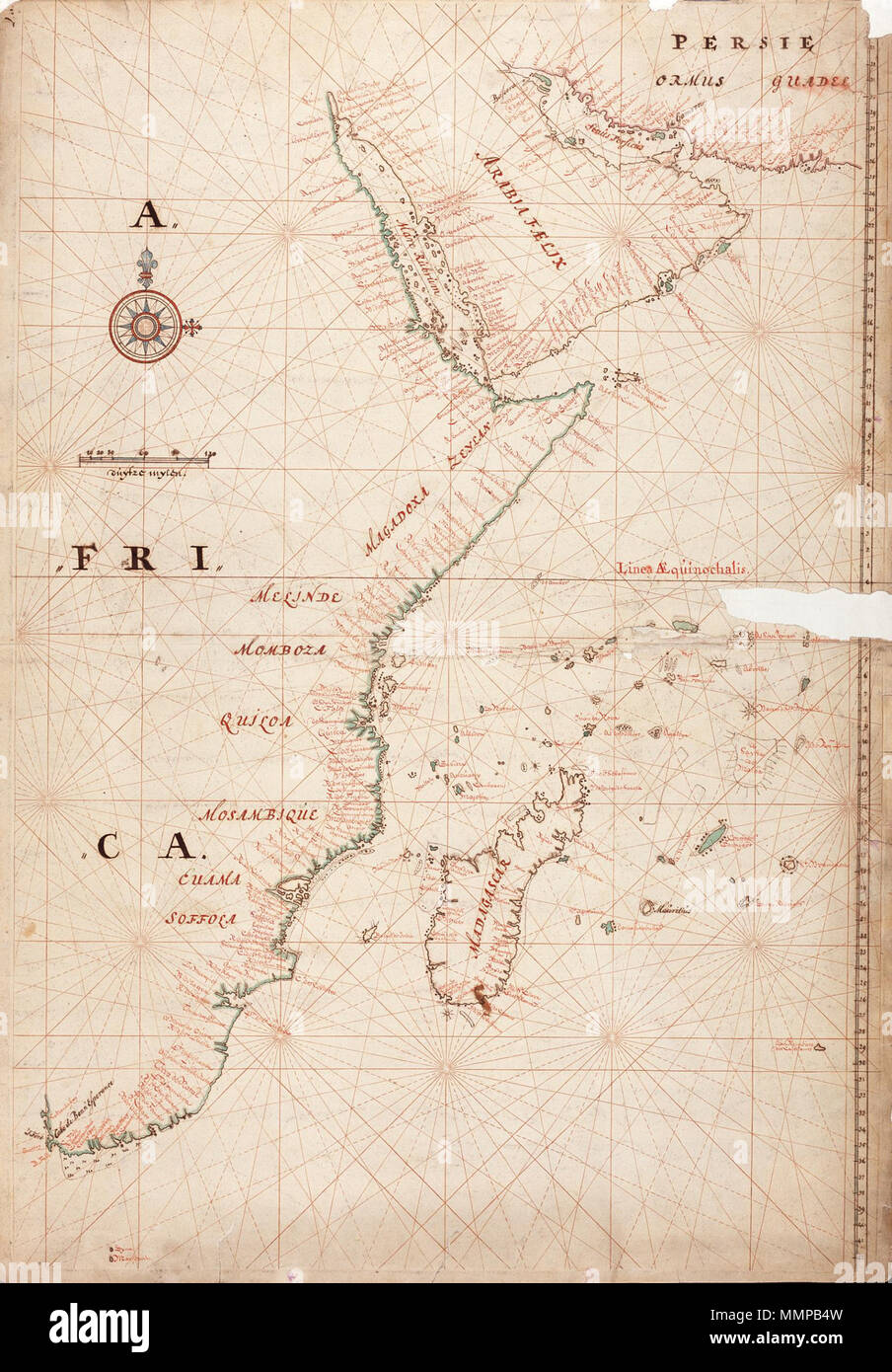 . Nederlands: Titel nel catalogus Leupe (Nationaal Archief): Kaart van de Indische Zee, van Cabo de Bonne Esperance, tot en met den Persischen Golf. Linksboven genummerd: 2.a. De kaart è gerestaureerd. Inglese: titolo nel catalogo Leupe (Archivi nazionali): Kaart van de Indische Zee, van Cabo de Bonne Esperance, tot en met den Persischen Golf. Numerate in alto a destra: 2.a. [Effettivamente in alto a sinistra]. La mappa è stata ripristinata. Nederlands: Kaart van Oost-Afrika, Arabia Felix en Perzië inglese: mappa dell Africa Orientale, Arabia Felix e di Persia . tra il 1690 e il 1743. Isaak de Graaf (1668-1743) Alterna Foto Stock