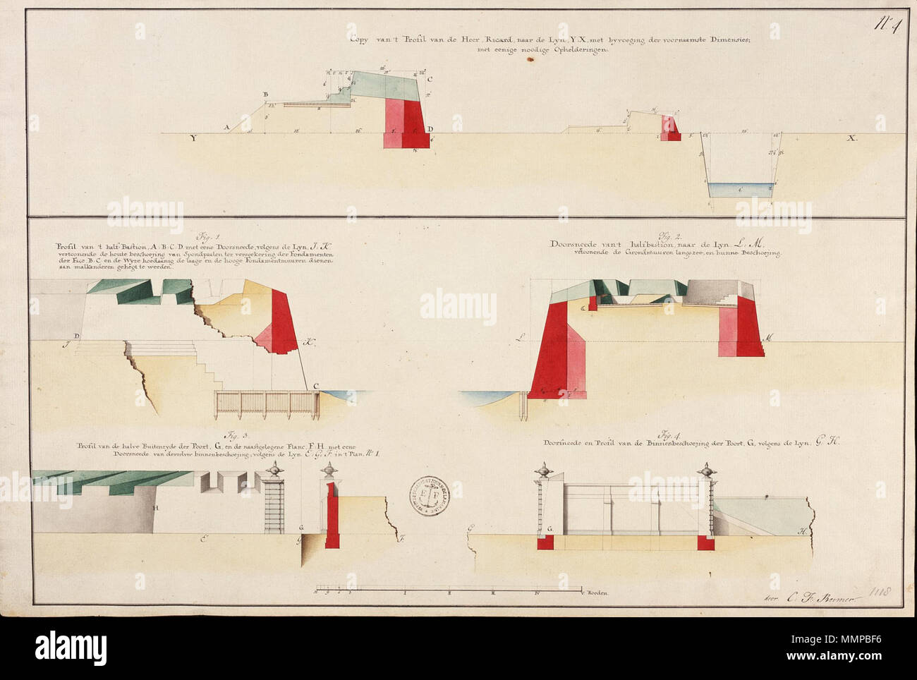 . Nederlands: Titel catalogus Leupe (NA): Profielen enz., hiertoe behoorende; van verschillende grootte en afmetingen, met 'hiertoe' wordt bedoeld VEL1117. Rechtsboven genummerd: No. 4 Notities tergo: No. 7D, REG 6 / 597 [in potlood]. Inglese: titolo nel catalogo Leupe (NA): Profielen enz., hiertoe behoorende; van verschillende grootte en afmetingen, qui 'hiertoe" ("a") si riferisce a vel1117. Numerate in alto a destra: No. 4 Note su retromarcia: No. 7D, REG 6 / 597 [a matita]. Nederlands: Profielen behorende bij het fort Tranquera te Malakka inglese: profili relativi al fort di Tranquera un Foto Stock