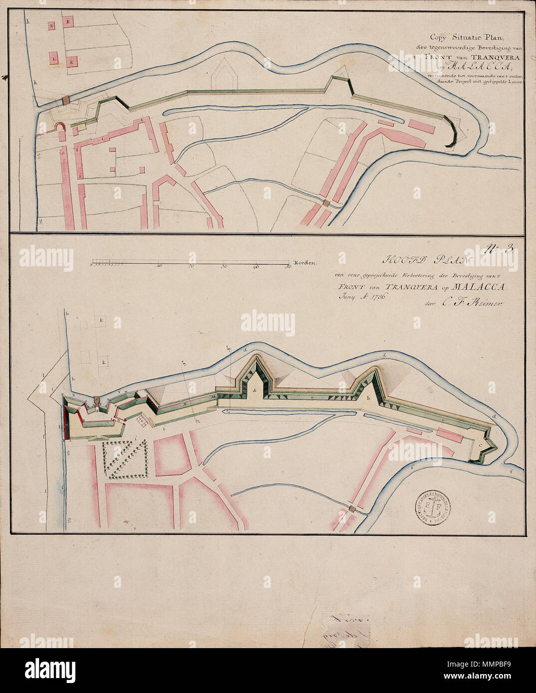 . Nederlands: Titel catalogus Leupe (NA): Situatie-piano der tegenwoordige bevestiging van 't van anteriore Tranquera op Malacca. Aan de bovenzijde van de kaart zijn twee strookjes laccati. papier geplakt. Notities tergo: Reg 6, pag 27, No. 7C [lettera c zou ook een andere lettera kunnen zijn] / n. 228 / 597 [in potlood]. Inglese: titolo nel catalogo Leupe (NA): Situatie-piano der tegenwoordige bevestiging van 't van anteriore Tranquera op Malacca. La parte superiore del grafico è stato fortificato con due strisce di carta giapponese. Note su retromarcia: Reg 6, pag 27, No. 7C [lettera 'C' potrebbe anche essere un'altra lettera] Foto Stock