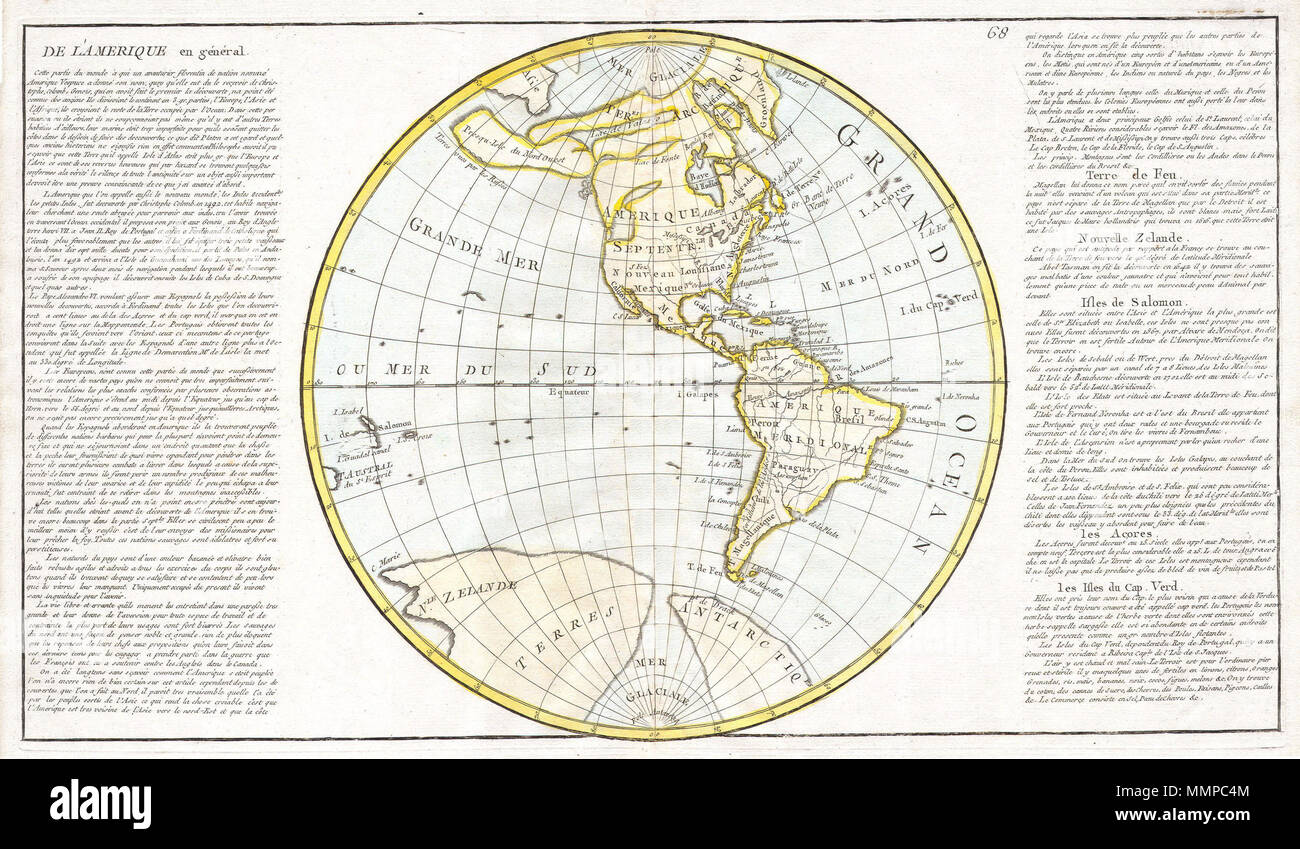 . Inglese: questa è una splendidamente colorate a mano 1785 mappa di America del Nord e America del Sud. La cartografia del Nord America west coast è congetturale al meglio, con isole, mari interni, e speranzosi northwest passaggi in abbondanza. Le regioni antartiche sono raffigurati in un affascinante la configurazione di due masse di terra. Un grande continente occidentale denominata "Nuova Zelanda" e un orientale continente chiamato "Antarctiq", separate da un mare di ghiaccio. Curiosamente questo presunto errore di Clouet in alcuni modi in modo più accurato raffigura il vero sub-ghiaccio antartico di giorno moderno mappe. Include istruzioni dettagliate geografica, Foto Stock