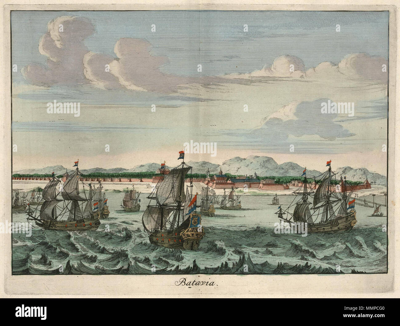 . Nederlands: Gezicht op Batavia. Batavia. Er ligt een groot aantal Oost-Indiëvaarders op de Rede. Inglese: Vista di Batavia. Batavia. Ci sono un grande numero di East Indiamen giacente al largo. Nederlands: Gezicht op Batavia inglese: Vista di Batavia . circa 1705. Creatore:A. d' inverno creatore:François Halma Nederlands: A. d' inverno (toegeschreven aan graveur / etser), François Halma (uitgever) Inglese: A. d' inverno (assegnato a incisore / etcher), François Halma (editore) AMH-6669-KB vista di Batavia Foto Stock