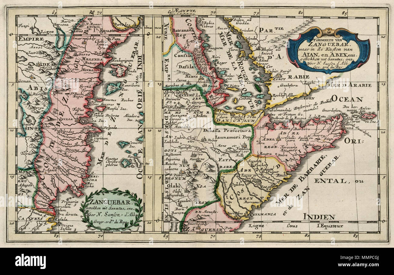 . Nederlands: Twee kaarten van de Afrikaanse oostkust. Zanguebar. / 'T Gedeelte van Zanguebar waar in de Kusten van Ajan, en Abex, enz. Inglese: due mappe dell'African east coast. Zanguebar. / 'T Gedeelte van Zanguebar waar in de Kusten van Ajan, en Abex, enz. Nederlands: Twee kaarten van de Afrikaanse oostkust inglese: due mappe dell'African east coast . circa 1705. Creatore:François Halma Nicolas Sanson (1600-1667) nomi alternativi Nicolas Sanson, der Ältere; Nicolas Sanson d'ABBEVILLE Descrizione cartografo francese Data di nascita e morte 20 Dicembre 1600 7 luglio 1667 posizione Foto Stock