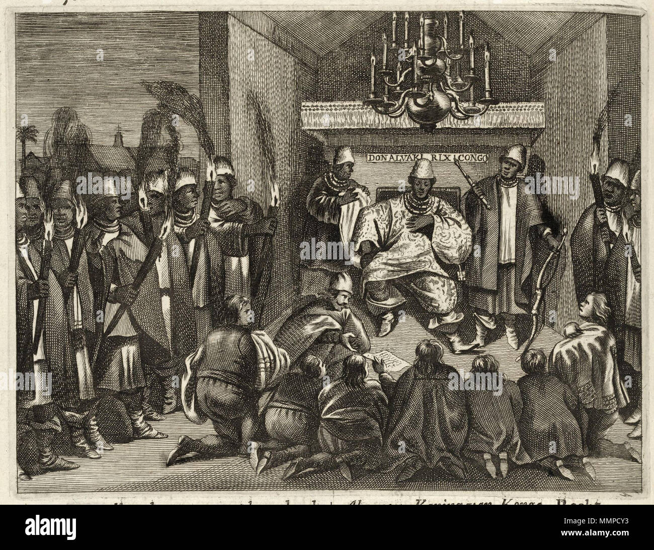 . Nederlands: Nederlanders op gezantschap bij de koning Congolese Don Alvarez nel 1642. Don Alvari Rix mi Congo. Dit gezantschap vond plaats naar aanleiding van de verovering van Loanda nel 1642. Il dott. Olfert Dapper (1636-1689) publiceerde na 1663 een groot aantal boeken. Schreef Hij een geschiedenis van de stad Amsterdam en verzorgde de Eerste Nederlandse vertaling van Erodoto. È Hij echter su vooral bekend vanwege zijn vele beschrijvingen van vreemde landen die hij uit verschillende bronnen samenstelde, zonder dat hij de landen waarover hij schreef ooit zag. Deze afbeelding è afkomstig uit een Foto Stock