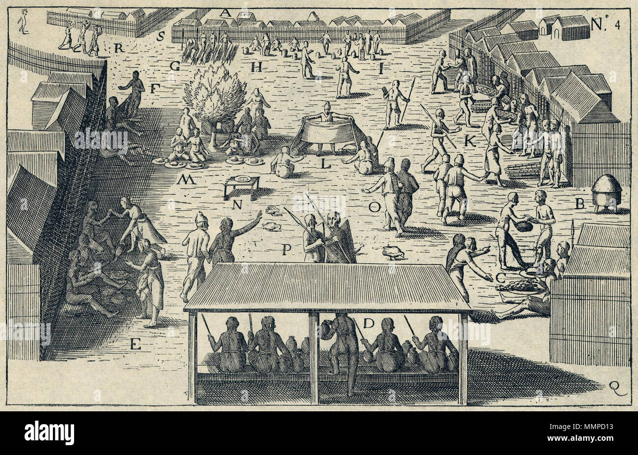 . Nederlands: De markt van Kaap Korso. De lettere op de afbeelding worden verklaard in de tekst in: Pieter de Marees, 'Beschrijvinge en historische verhael vant gotta koninckrijck van Guinea, Anders de gotta custe de Mina Genaemt […]", Amsterdam 1602. Linksboven : fno 2. fol.61.. Rechtsboven: n.o 4. Inglese: il mercato a Cape Korso. La chiave per le lettere è esposto nel testo di Pieter de Marees, 'Beschrijvinge en historische verhael vant gotta koninckrijck van Guinea, Anders de gotta custe de Mina Genaemt [...]', Amsterdam 1602. In alto a sinistra : fno 2. fol.61.. In alto a destra: n.o 4. Nederlands: De markt Foto Stock