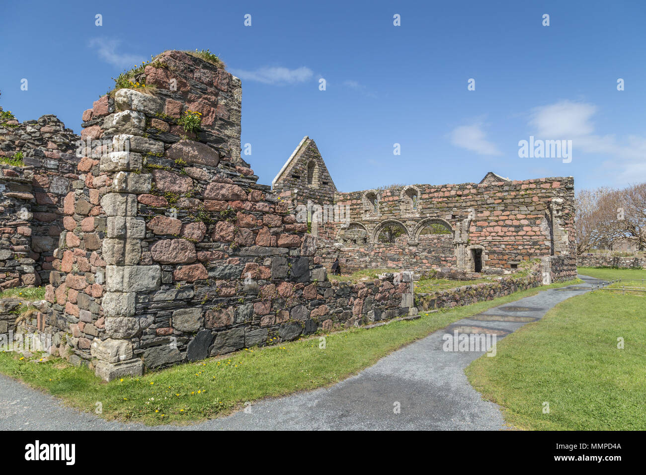 Costruzioni abbandonate del vecchio convento a Iona Abbey sull'Isola di Iona, nelle Ebridi Interne, Argyll and Bute, Scotland, Regno Unito Foto Stock