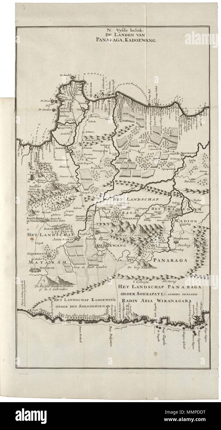 . Nederlands: Kaart van een deel van het eiland Java. N. Vyfde bestek, De Landen van Panaraga, Kadoewang. De kaart è afkomstig uit het werk 'Oud en Nieuw Oost-Indiën' van François Valentyn. Inglese: Mappa di parte dell isola di Java. N. Vyfde bestek, De Landen van Panaraga, Kadoewang. La piastra è preso dal lavoro 'Oud en Nieuw Oost-Indien' da Francois Valentyn. Nederlands: Kaart van een deel van het eiland Java inglese: Mappa di parte dell isola di Java . 1724. Creatore:J. van Braam creatore:Gerard onder de Linden Nederlands: Anoniem / Anonimo (landmeter / kaartenmaker), J. van Braam (u Foto Stock