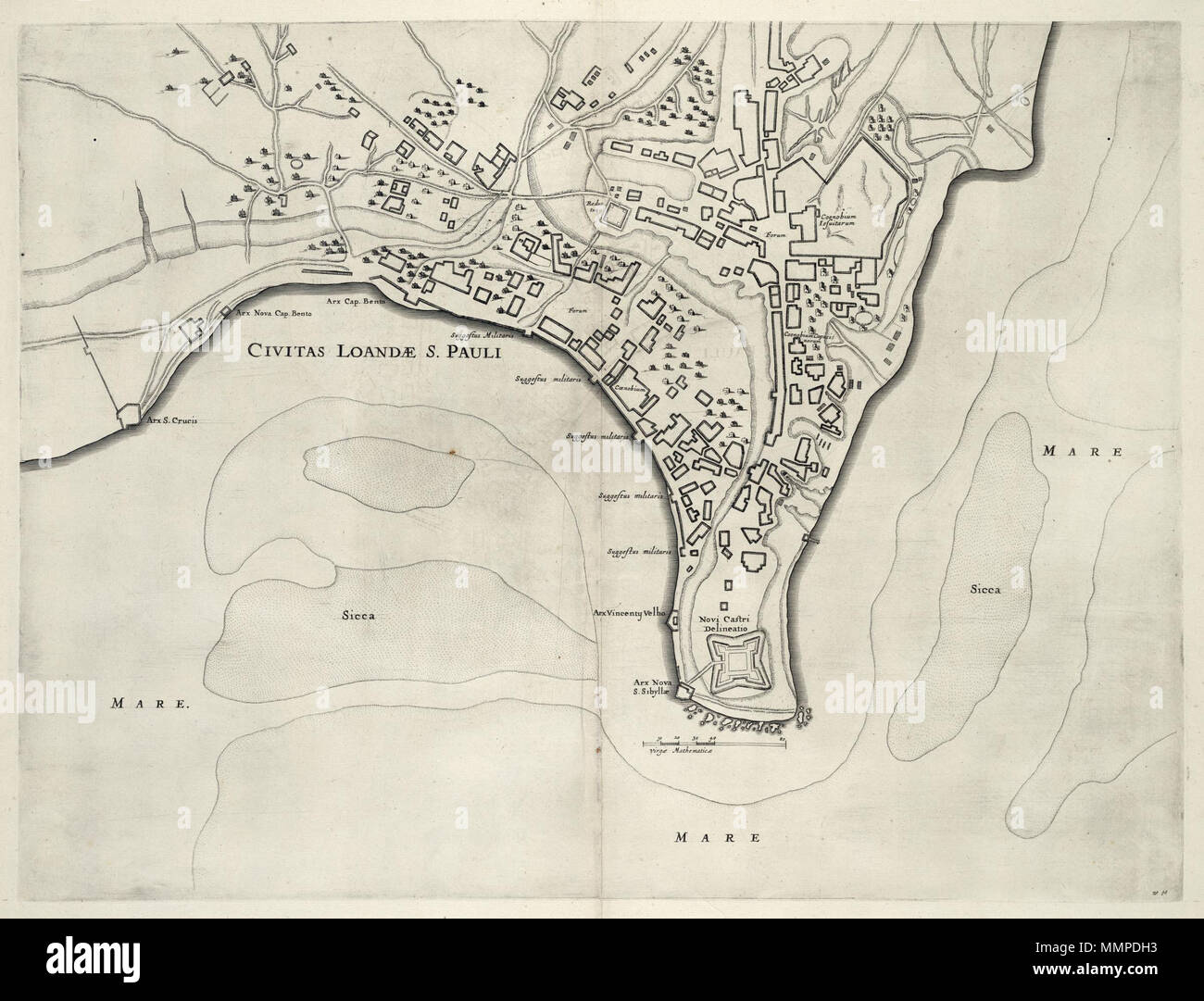 . Nederlands: Plattegrond van Loanda. Civitas Loandae S. Pauli. Rechtsonder: no: 48. Cfr. Nationaal Archief, Den Haag, inv. nr. 619.63 VELH Inglese: Mappa di Loanda. Civitas Loandae S. Pauli. In basso a destra: no: 48. Cfr. Archivi nazionali, l'Aia, inv. nr. 619.63 VELH Nederlands: Plattegrond van Loanda inglese: Mappa di Loanda . 1647. Creatore:Georg Marcgraf creatore:Joan Blaeu sr. Frans Post (1612-1680) nomi alternativi Frans Jansz. Post Descrizione incisore olandese, pittore e disegnatore Data di nascita e morte 17 novembre 1612 (battezzato) 17 febbraio 1680 (sepolta) Luogo di nascita e morte Foto Stock