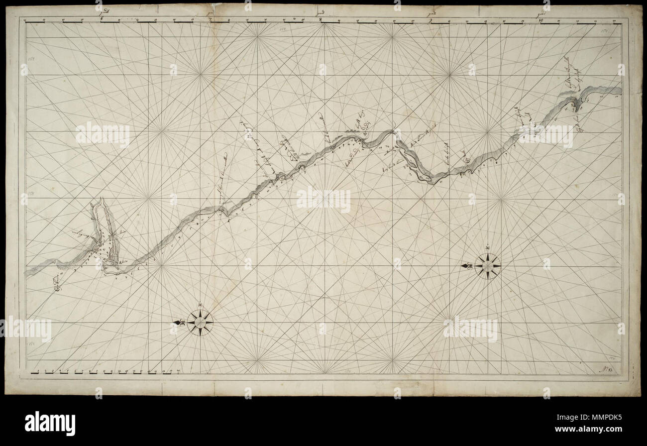 . Nederlands: Kaart van een deel van de kust Angolese. Titel catalogus Leupe (NA): Kaart van de kust van Angolla van Caap Boudo tot Caap San reggiseni. De kompaslijnen zijn gedrukt. De kaart è op blauw papier geplakt. Notities tergo: Carte van de kust van Angolla van 5 grad 20 Zb. todt 10 gr. 40 Zb. dor mijn SGM Anno 1723 / n. 5 Op verschillende plekken op de kaart: 154 [in potlood]. Rechtsonder: No: 13. Inglese: Mappa di una parte della costa angolana. Titolo nel catalogo Leupe (NA): Kaart van de kust van Angolla van Caap Boudo tot Caap San reggiseni. La bussola linee sono state stampate. Il grafico dispone di Foto Stock