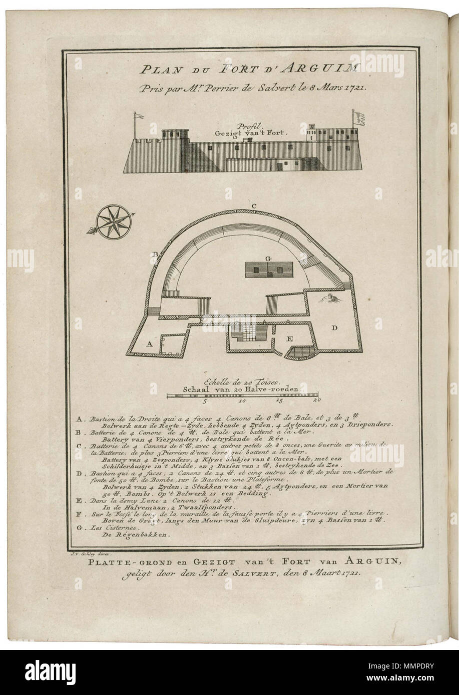 . Nederlands: Aanzicht en plattegrond van het fort te Arguin. Platte-Grond en Gezigt van 't Fort van Arguin. Plan du Fort d'Arguim. Legenda: A-G. De kaart è overgenomen van een kaart door de Salvert uit 1722. Inglese: elevazione e piano piano del fort a Arguin. Platte-Grond en Gezigt van 't Fort van Arguin. Plan du Fort d'Arguim. Chiave: A-G. Il grafico è stato copiato da uno di De Salvert, fabbricato nel 1722. Nederlands: Aanzicht en plattegrond van het fort te Arguin inglese: elevazione e piano piano del fort a Arguin . circa 1747. Jakob van der Schley (1715-1779) alternativa Foto Stock