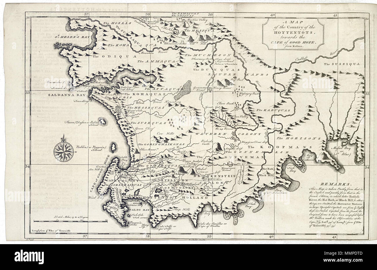 . Nederlands: Kaart van de kust Zuid-Afrikaanse, van St. Helenabaai Mosselbaai tot. Una mappa del paese degli ottentotti, verso il Capo di Buona Speranza. Linksonder: No. 106. Rechtsonder è de plaatnummering weggevallen. Inglese: Mappa del Sud costa africana, dalla baia di Sant'Elena a Mossel Bay. Una mappa del paese degli ottentotti, verso il Capo di Buona Speranza. In basso a sinistra: No. 106. In basso a destra la numerazione della piastra è stato omesso. Nederlands: Kaart van de kust Zuid-Afrikaanse, van St. Helenabaai tot Mosselbaai inglese: Mappa del Sud costa africana, dalla baia di Sant'Elena Foto Stock